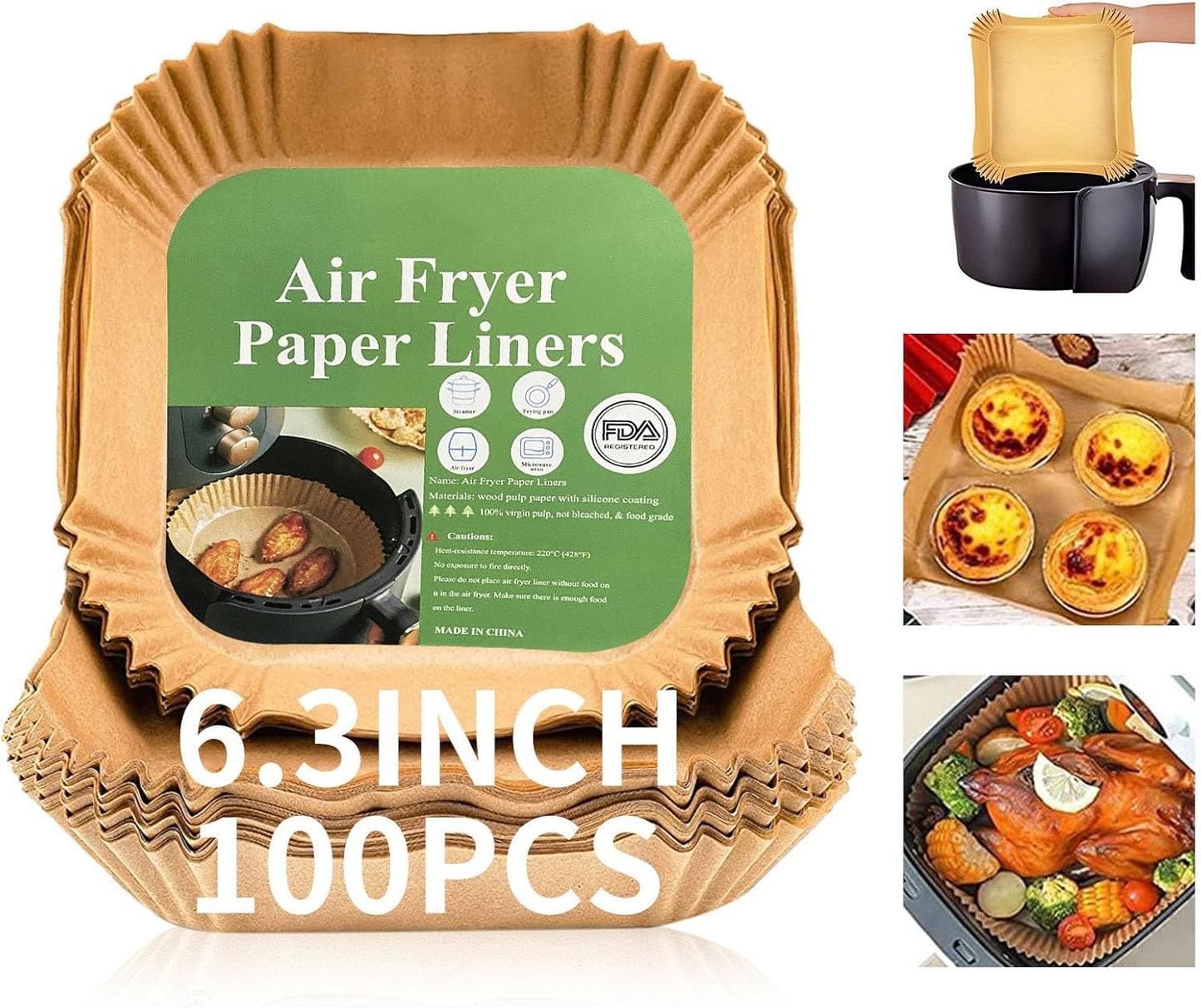 Air Fryer Liners Disposable Square, 100PCS 6.3 INCH Airfryer Liners, Natural Non-stick Parchment Paper for Air Fryer Oil-proof Water-proof, Paper liners for air fryer, Steamer, Baking, Microwave Etc