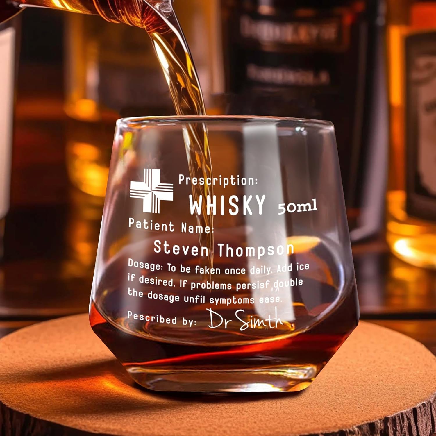 Personalized Prescription Whiskey Glass with Name, Custom Whiskey Gift Option Slate Coaster Father's Day Gifts, Customized Engraved Etched Rocks Cocktail Glass Gift for Husband, for Him