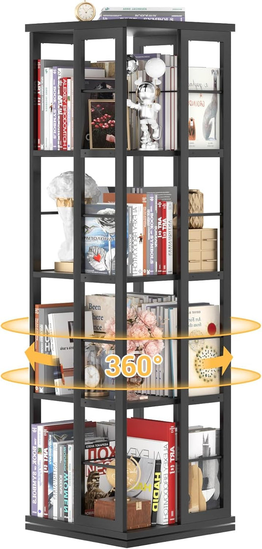 Aheaplus Rotating Bookshelf, Corner Bookshelf, 360 Display Wood Spinning Bookshelf, Floor Standing Bookcase Narrow Shelf Revolving Organizer Storage Rack for Small Space, Bedroom, Study Room, Black