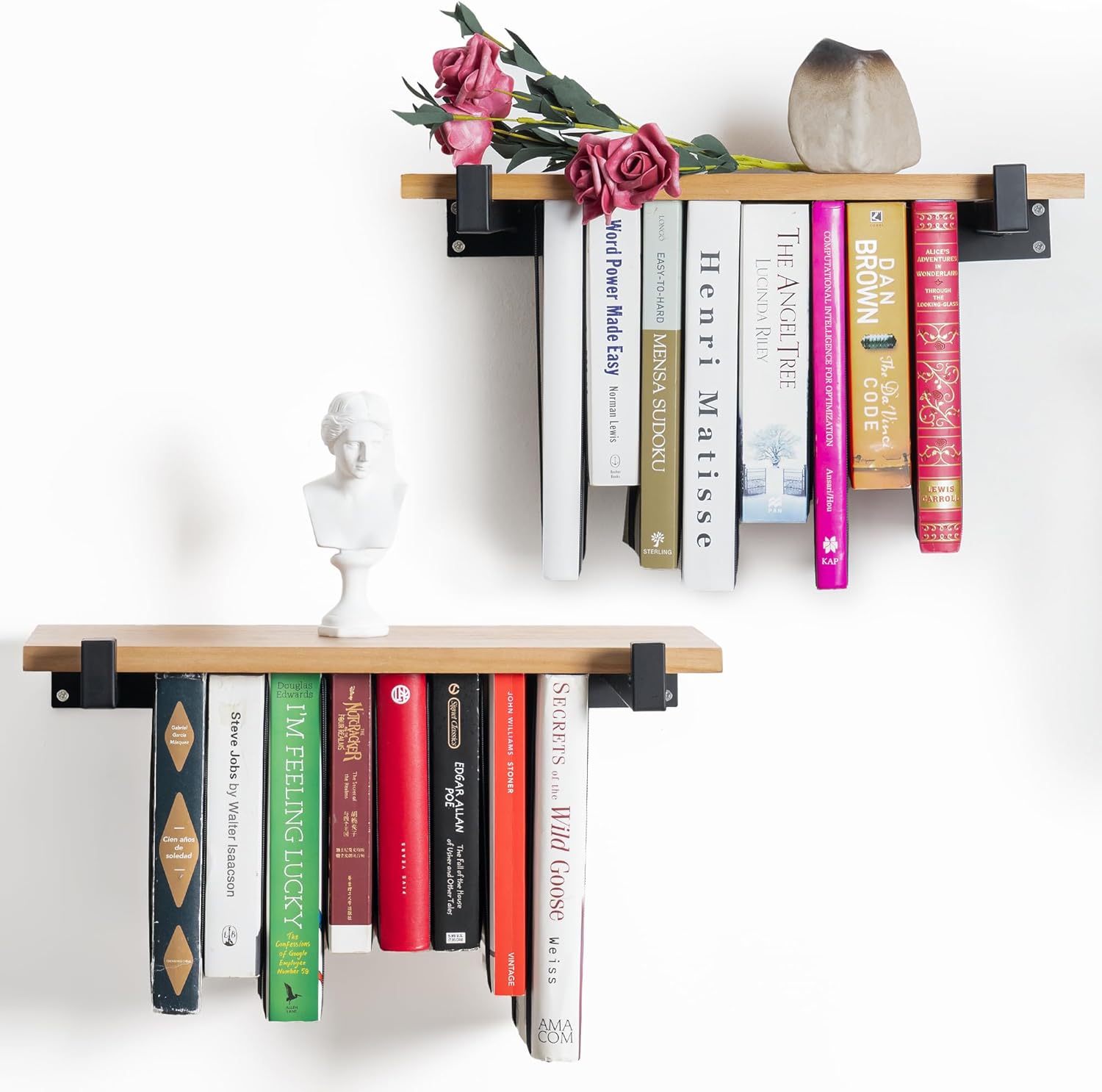 Floating Bookshelves Set of 2 - Double Storage Unique Wall Bookshelf - Natural Wood & Metal Brackets Bookshelf Wall Mount, Innovative Space-Saving Solution Hanging Bookshelf (16.5W x 6.7D)