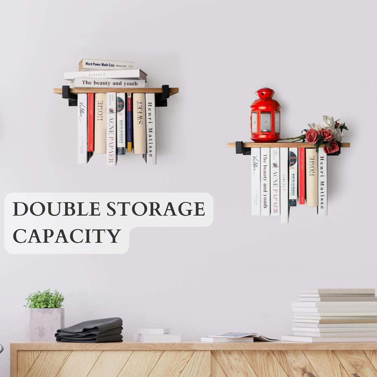 Floating Bookshelves Set of 2 - Double Storage Unique Wall Bookshelf - Natural Wood & Metal Brackets Bookshelf Wall Mount, Innovative Space-Saving Solution Hanging Bookshelf (16.5W x 6.7D)