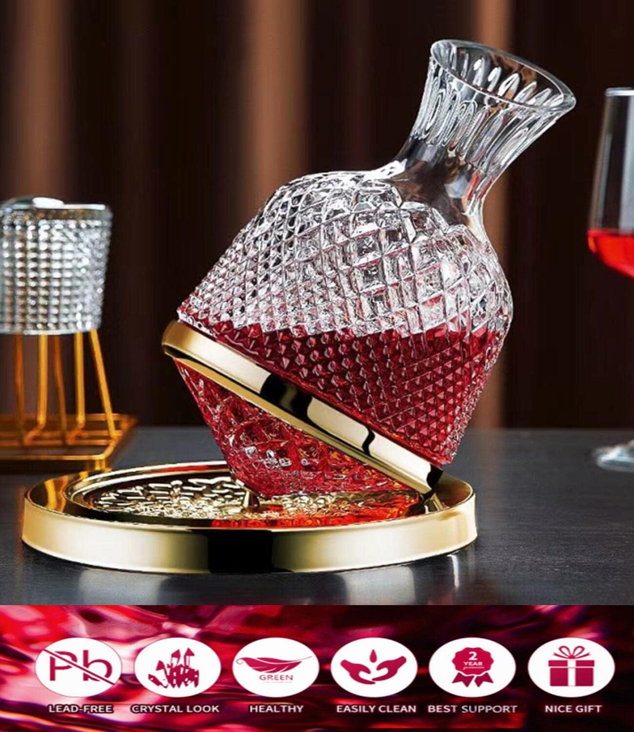 Wine Decanter Set - Crystal Red Wine Decanter Set Golden, 1.5L Shelf Spinning Glass Wine Aerator Carafes, Jarler Hand Blown lead-free Wine Decanter Set，Mother Father Day Wine Gift for Wine Lover