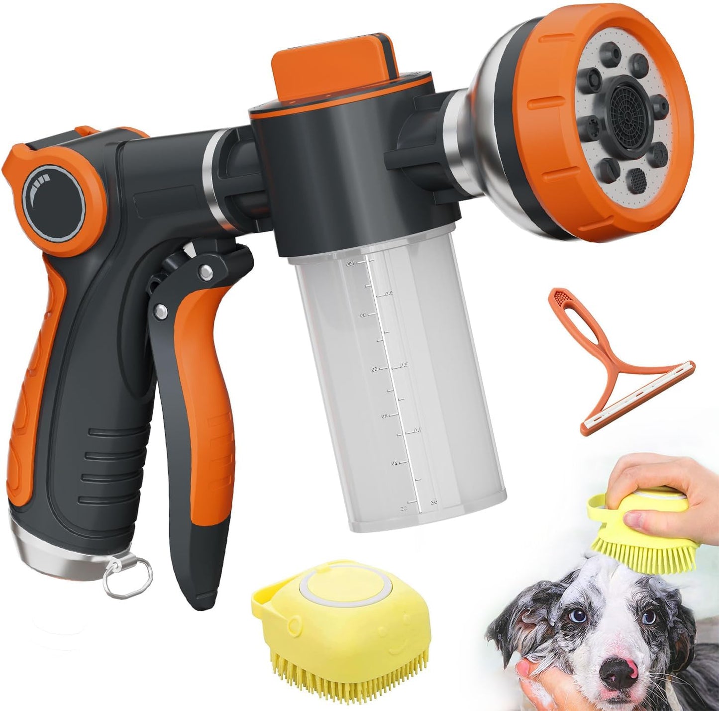 Garden Hose Nozzle,8 Patterns Hose Sprayer High Pressure,Heavy Duty Dog Wash,Metal Water Hose Nozzle with Soap Dispenser,Car Wash Foam Gun With Pets Things