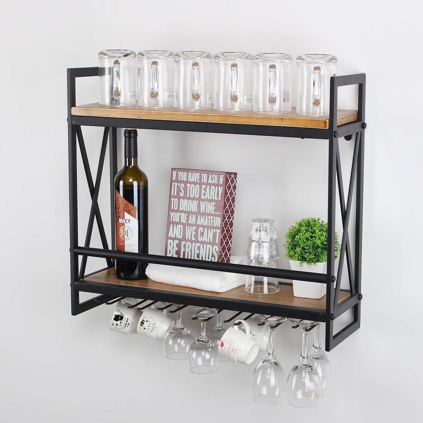 MBQQ Rustic Wall Mounted Wine Racks with 6 Stem Glass Holder,23.6in Industrial Metal Hanging Wine Rack,2-Tiers Wood Shelf Floating Shelves,Home Room Living Room Kitchen Decor Display Rack