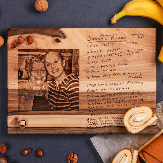 Beloved Family Recipe Wood Cutting Board – Custom Engraved with Handwritten Recipe & Photo – Thoughtful Christmas or New Year Gift for Grandma, Grandpa, and Family – A Gift Full of Love and Memories