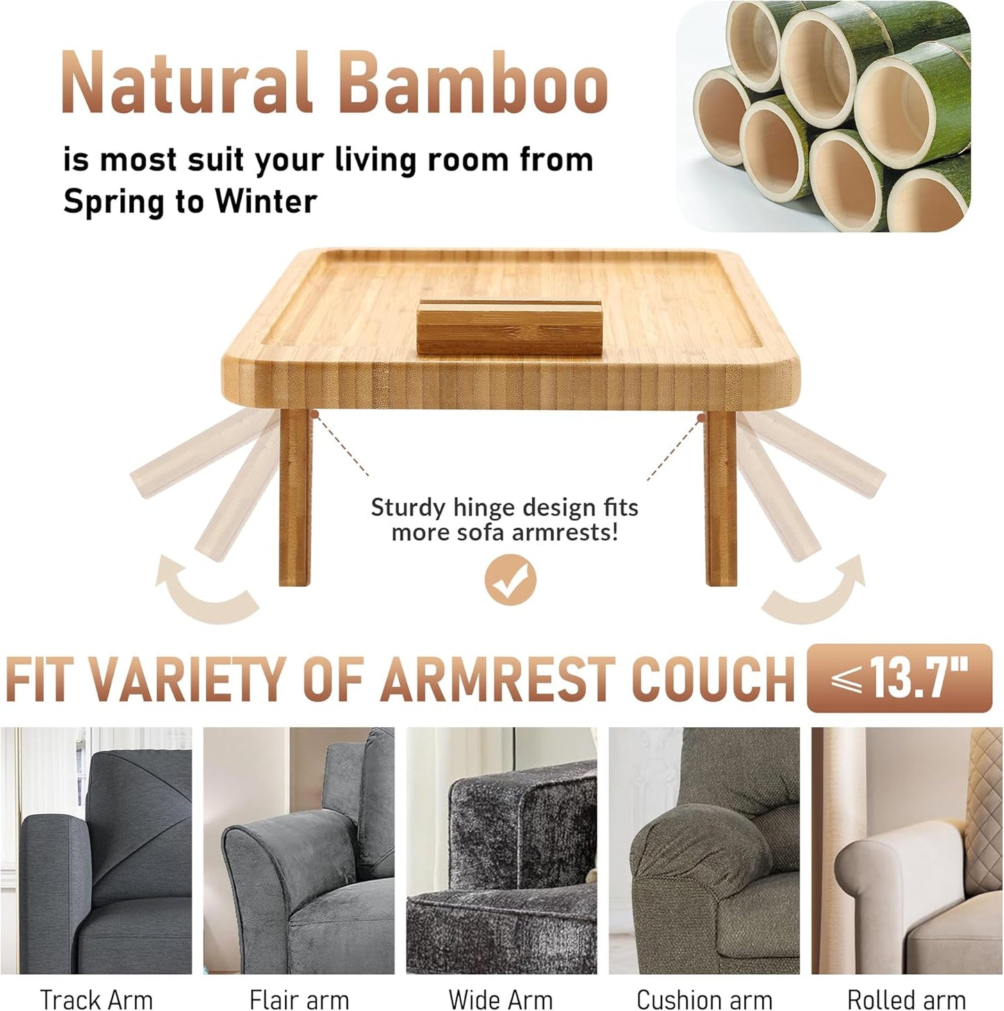 Couch Arm Tray,Bamboo Sofa Tray Table Clip on Side Table for Wide Couch,Foldable Couch Tray with 360° Phone Holder,Couch Arm Table for Eating/Drinks/Snacks/Remote/Control