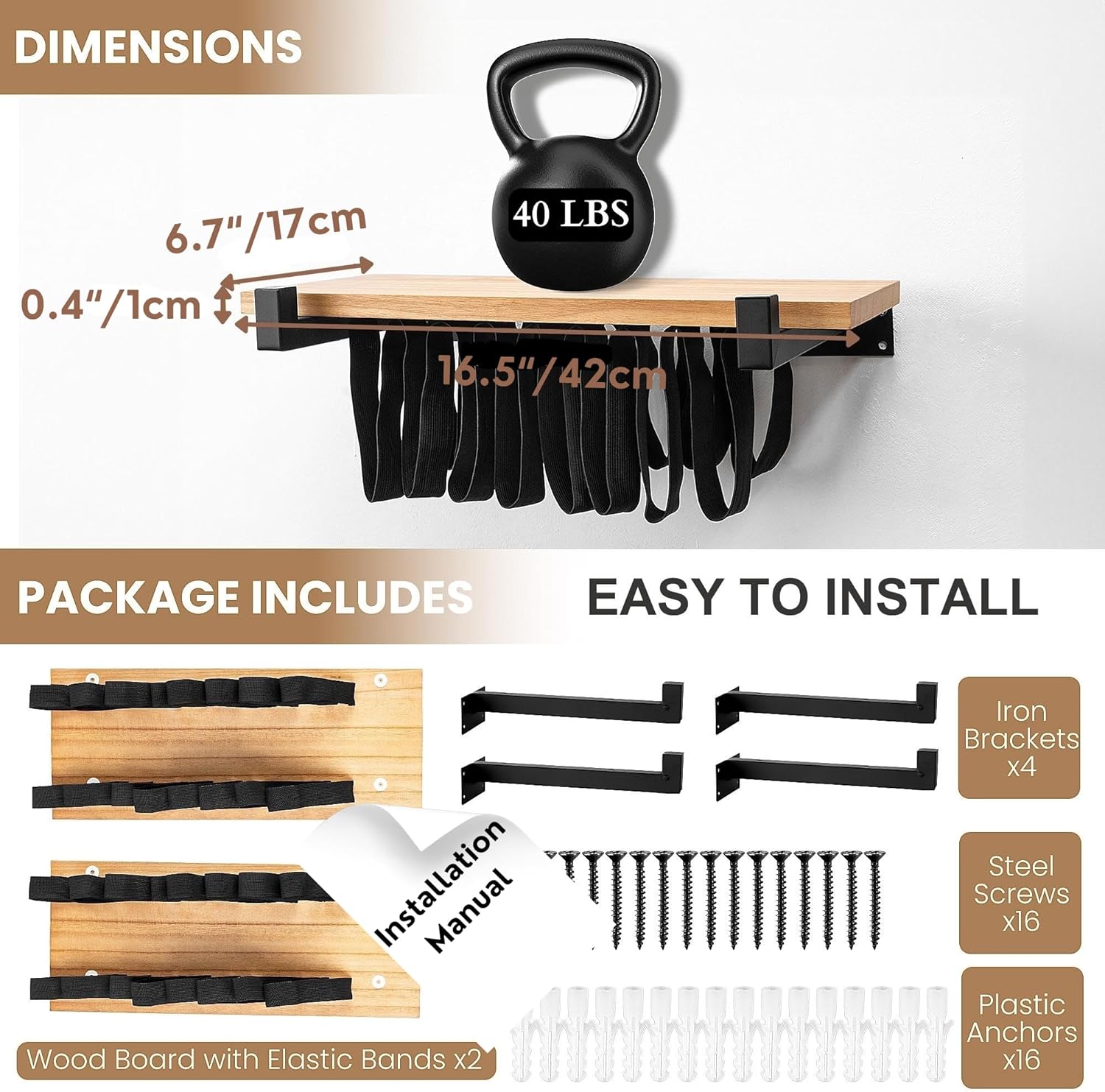 Floating Bookshelves Set of 2 - Double Storage Unique Wall Bookshelf - Natural Wood & Metal Brackets Bookshelf Wall Mount, Innovative Space-Saving Solution Hanging Bookshelf (16.5W x 6.7D)