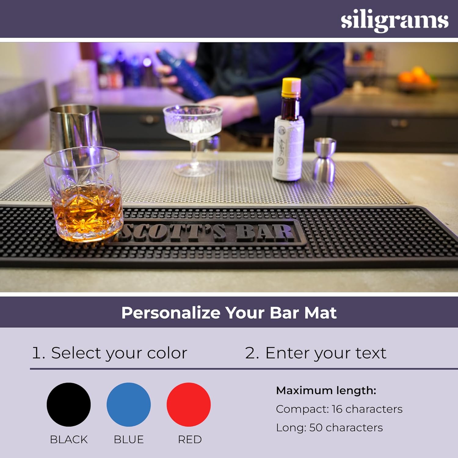 Personalized Silicone Bar Mat - Customizable Spill Mat for Home Bar or Coffee Bar - Rubber Bar Mat for Countertops - Long 5”x 23.5”