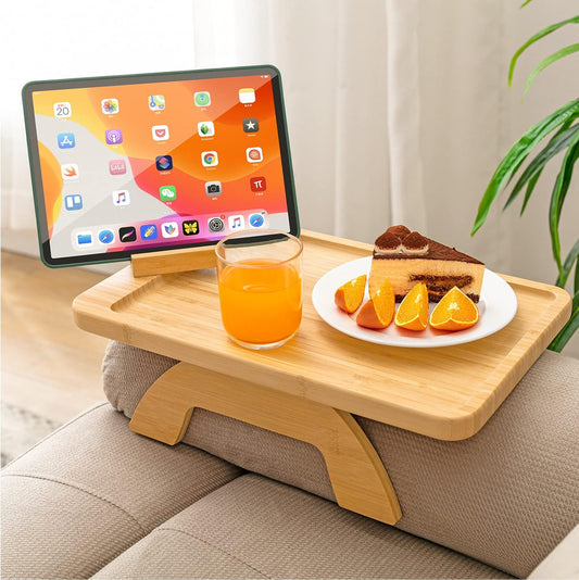 Couch Arm Tray,Bamboo Sofa Tray Table Clip on Side Table for Wide Couch,Foldable Couch Tray with 360° Phone Holder,Couch Arm Table for Eating/Drinks/Snacks/Remote/Control