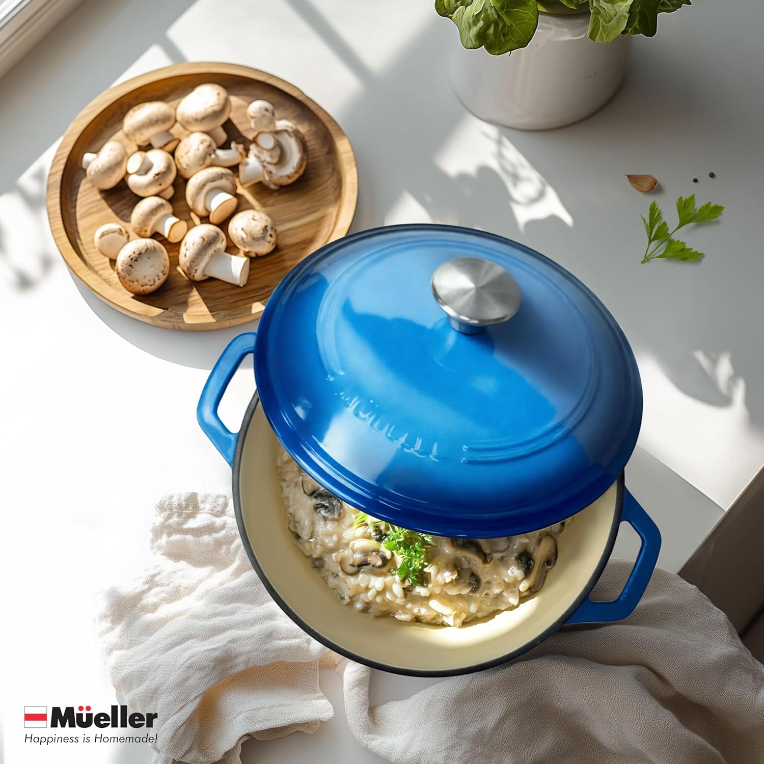 Mueller 6qt Enameled Cast Iron Dutch Oven, Heavy-Duty Casserole and Braiser Pan with Lid and Knob, Safe for All Cooktops, Aqua Blue