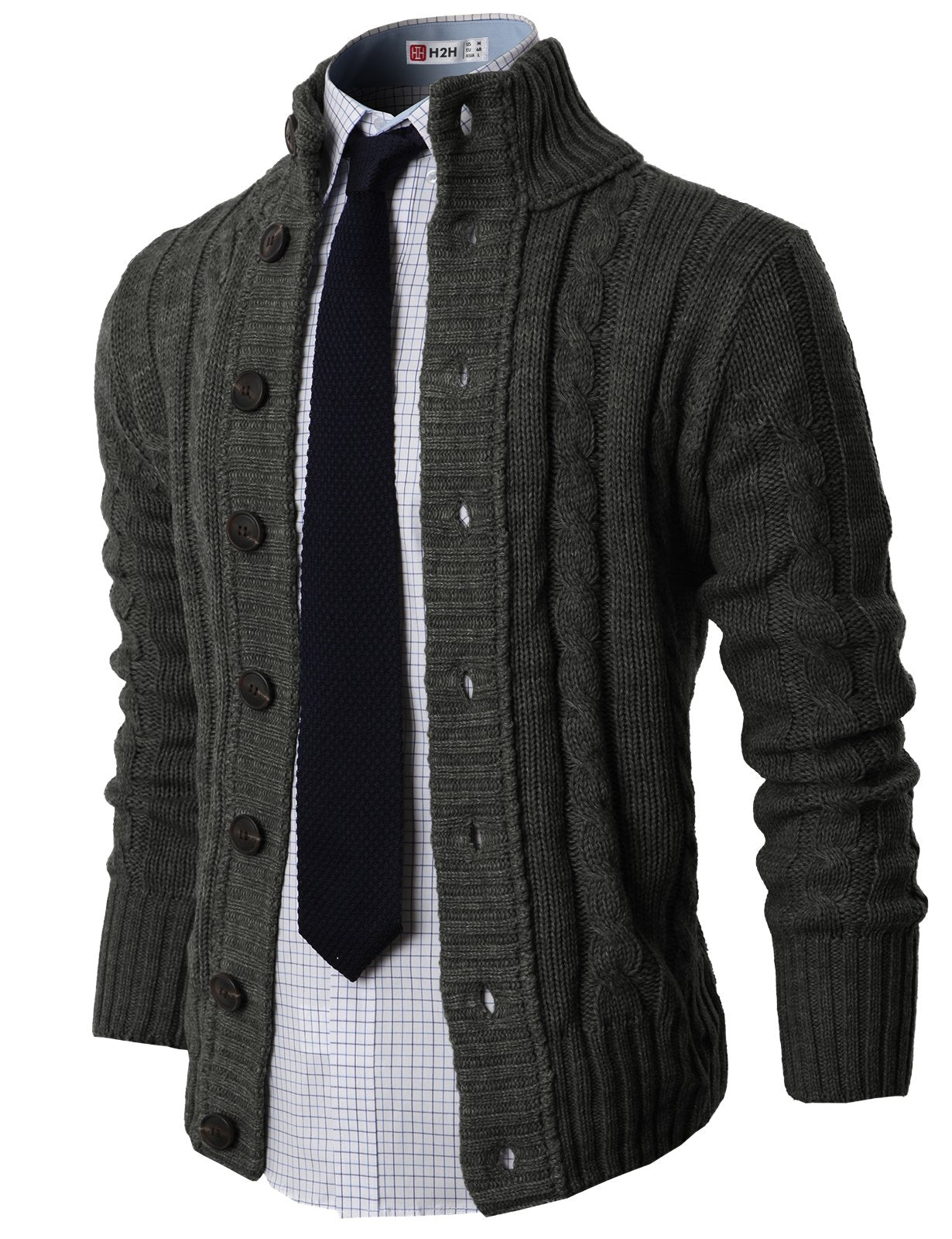 H2H Mens Cable Knitted Heavey Sweater Cardigan Thermal Button Down Closure