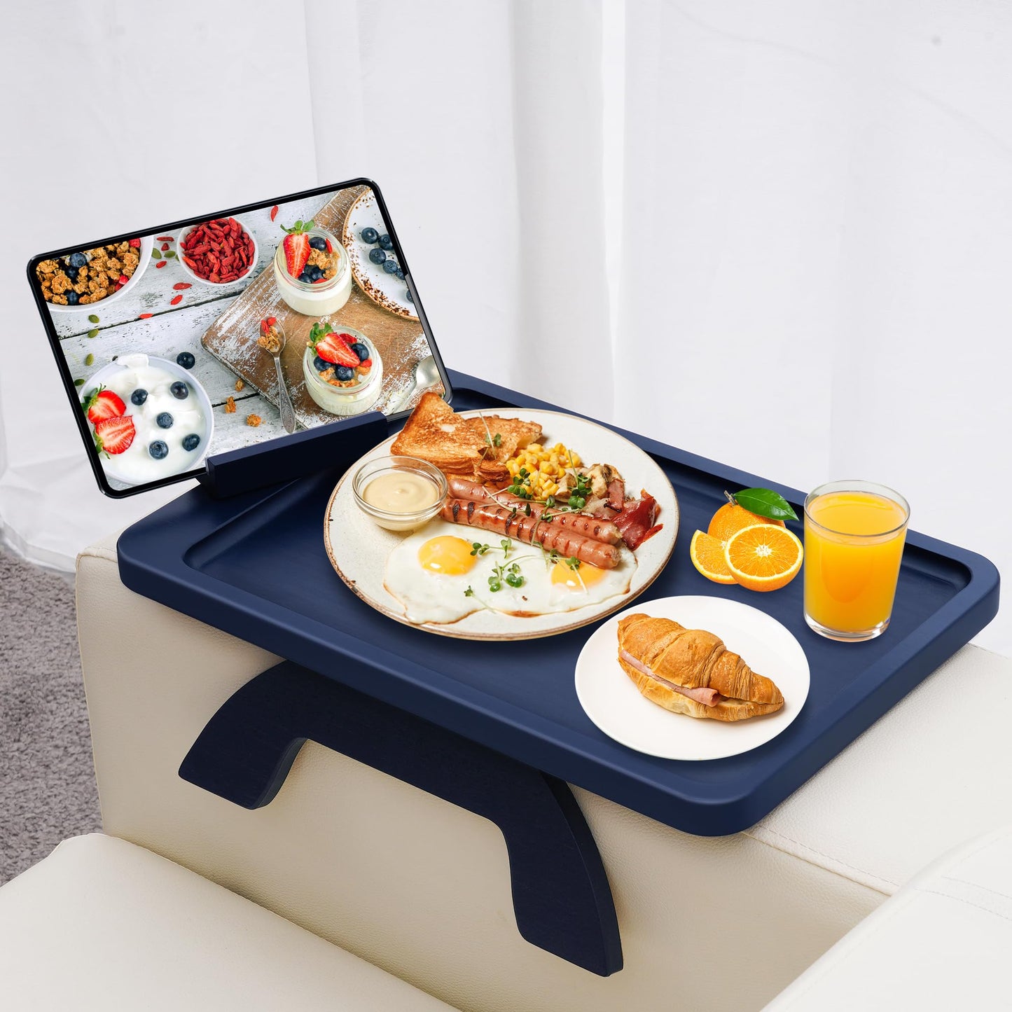 Couch Arm Tray,Bamboo Sofa Tray Table Clip on Side Table for Wide Couch,Foldable Couch Tray with 360° Phone Holder,Couch Arm Table for Eating/Drinks/Snacks/Remote/Control