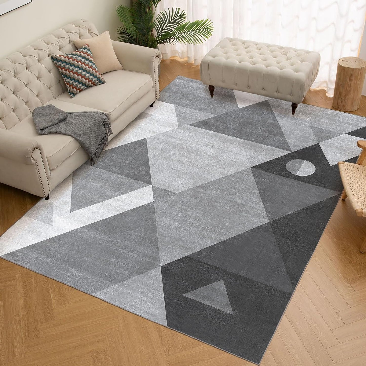 HOMFINE Washable Modern Area Rug - Geometric Style 5x7 Rugs for Living Room, Bedroom, Machine Washable Rug Soft Non Slip Non Shedding Area Rug - Grey, 5'x7'