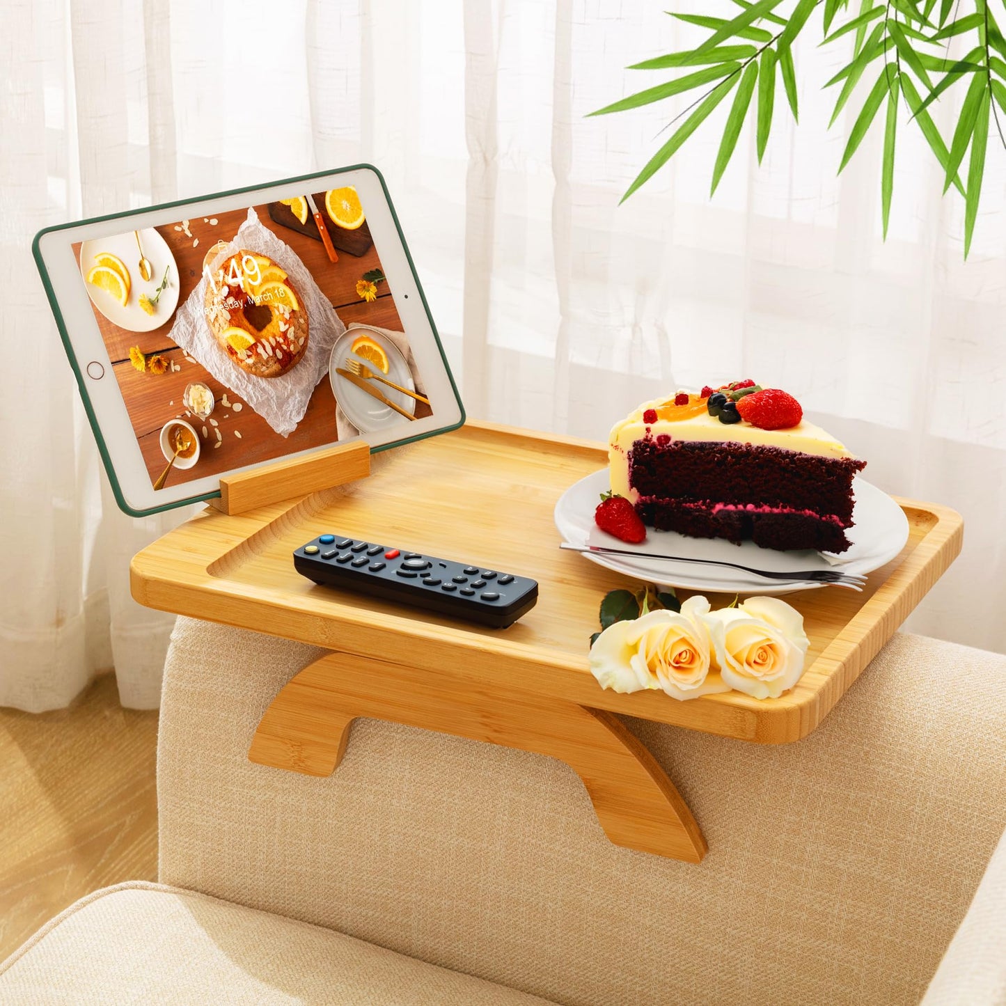 Couch Arm Tray,Bamboo Sofa Tray Table Clip on Side Table for Wide Couch,Foldable Couch Tray with 360° Phone Holder,Couch Arm Table for Eating/Drinks/Snacks/Remote/Control