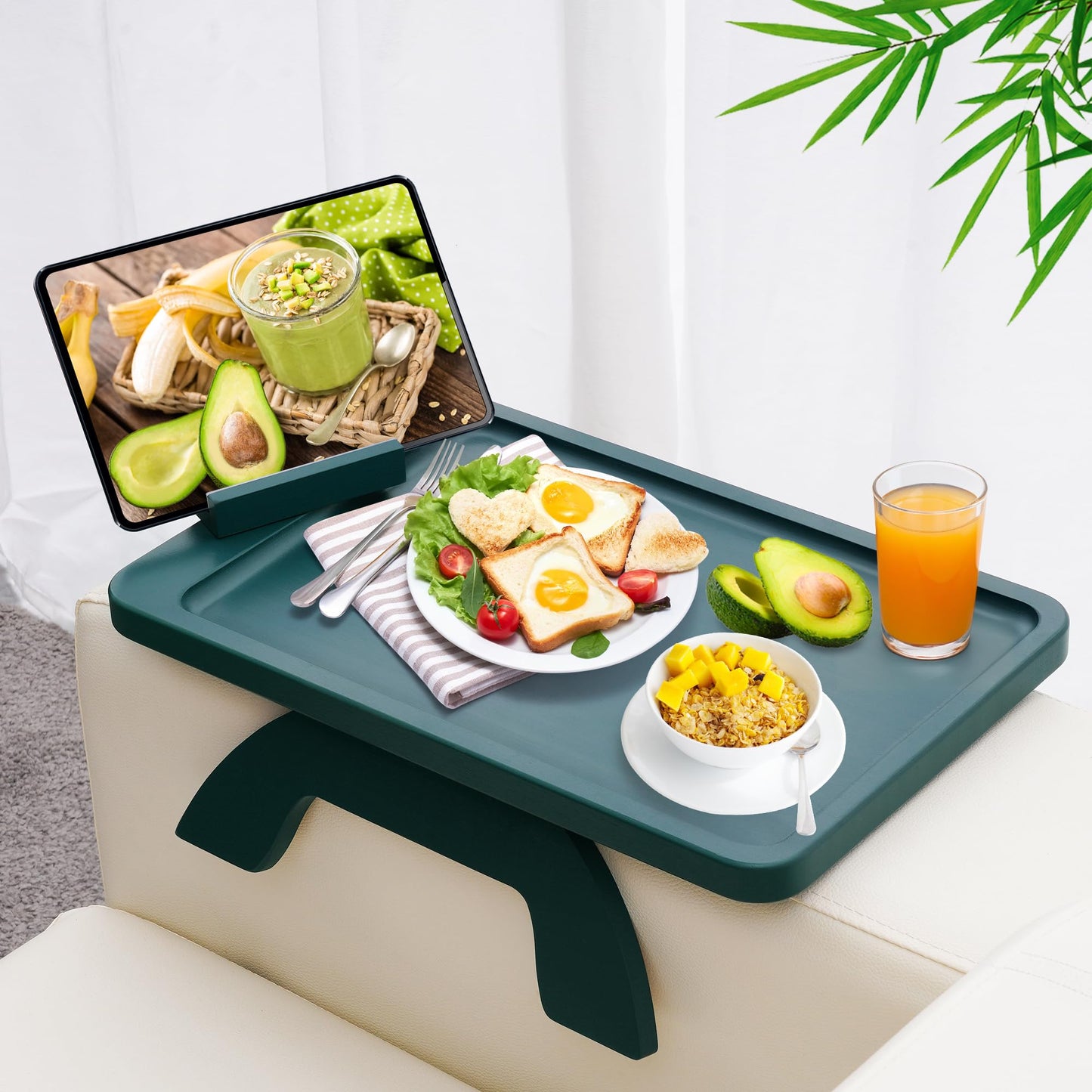 Couch Arm Tray,Bamboo Sofa Tray Table Clip on Side Table for Wide Couch,Foldable Couch Tray with 360° Phone Holder,Couch Arm Table for Eating/Drinks/Snacks/Remote/Control