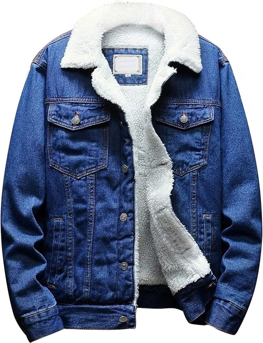 Omoone Men's Lapel Sherpa Fleece Lined Thicken Denim Jean Trucker Jacket Coats