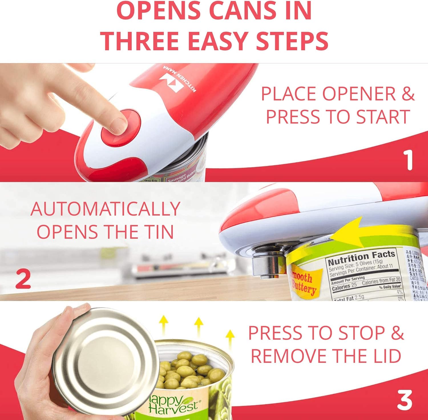 Kitchen Mama Auto Electric Can Opener: Open Your Cans with A Simple Press of Button - Automatic, Hands Free, Smooth Edge, Food-Safe, Battery Operated, YES YOU CAN (Red)