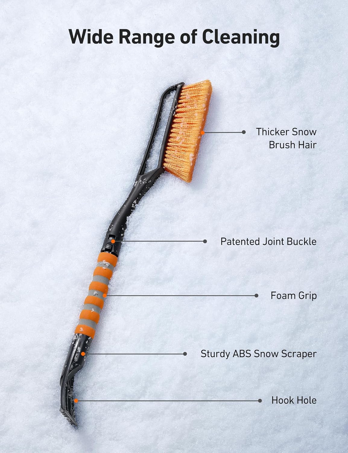 AstroAI 27" Snow Brush and Ice Scrapers for Car Windshield, Detachable Snow Scrapers with Ergonomic Foam Grip for Cars, Trucks, SUVs (Heavy Duty ABS, PVC Brush, Orange)