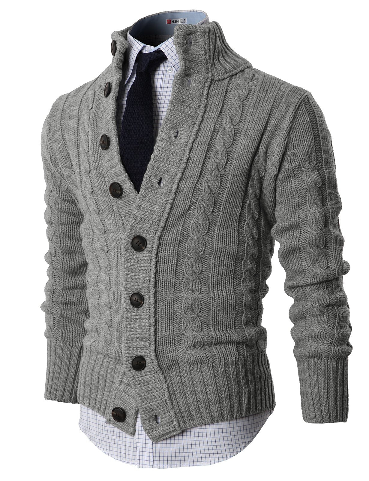 H2H Mens Cable Knitted Heavey Sweater Cardigan Thermal Button Down Closure