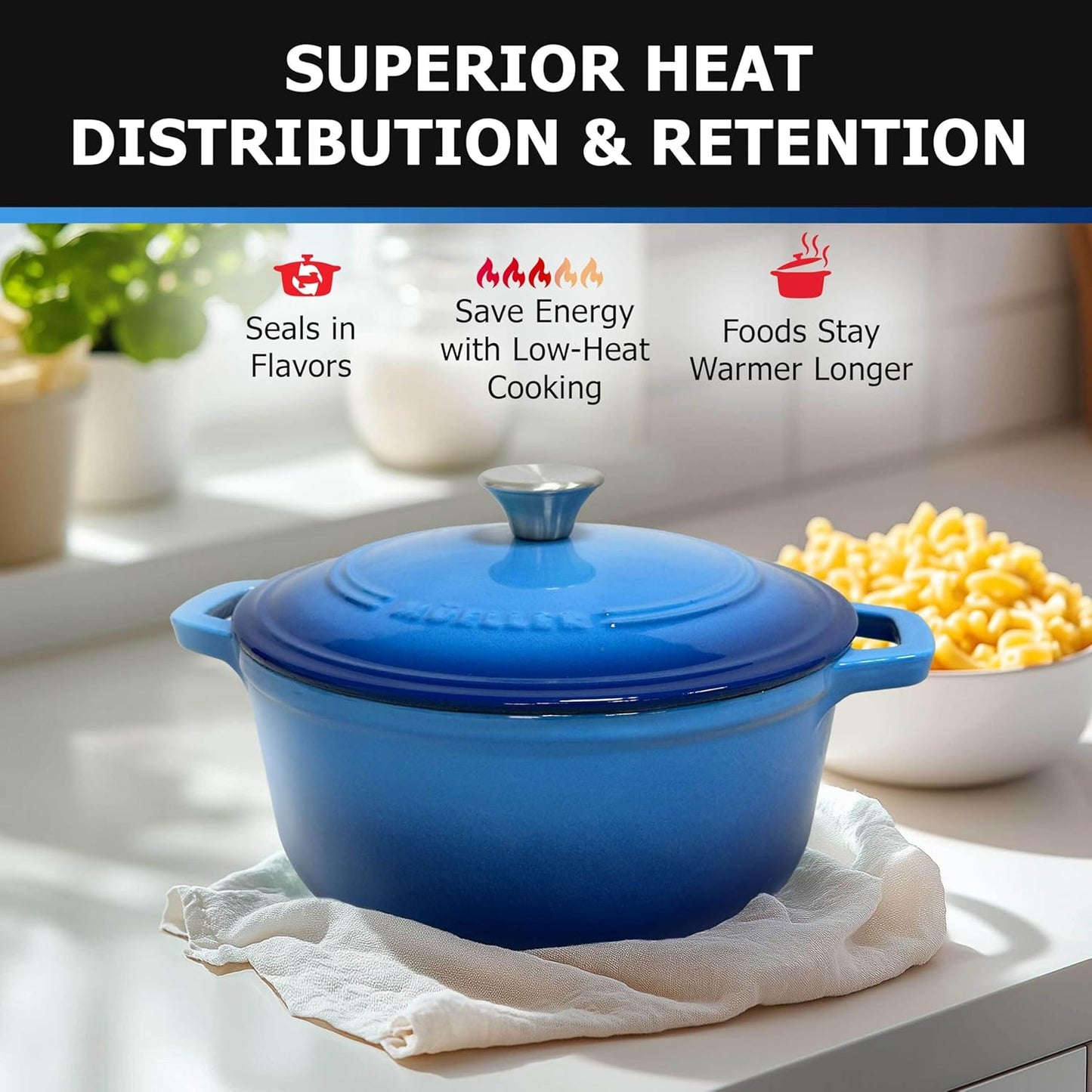 Mueller 6qt Enameled Cast Iron Dutch Oven, Heavy-Duty Casserole and Braiser Pan with Lid and Knob, Safe for All Cooktops, Aqua Blue