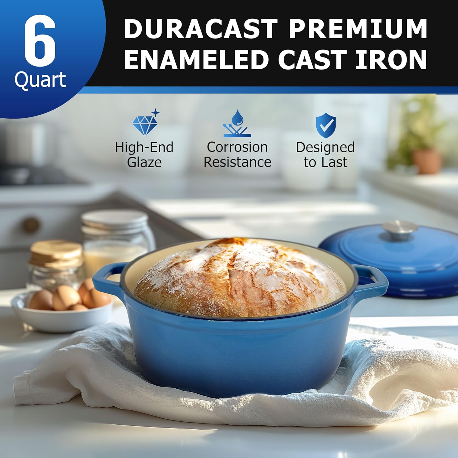 Mueller 6qt Enameled Cast Iron Dutch Oven, Heavy-Duty Casserole and Braiser Pan with Lid and Knob, Safe for All Cooktops, Aqua Blue