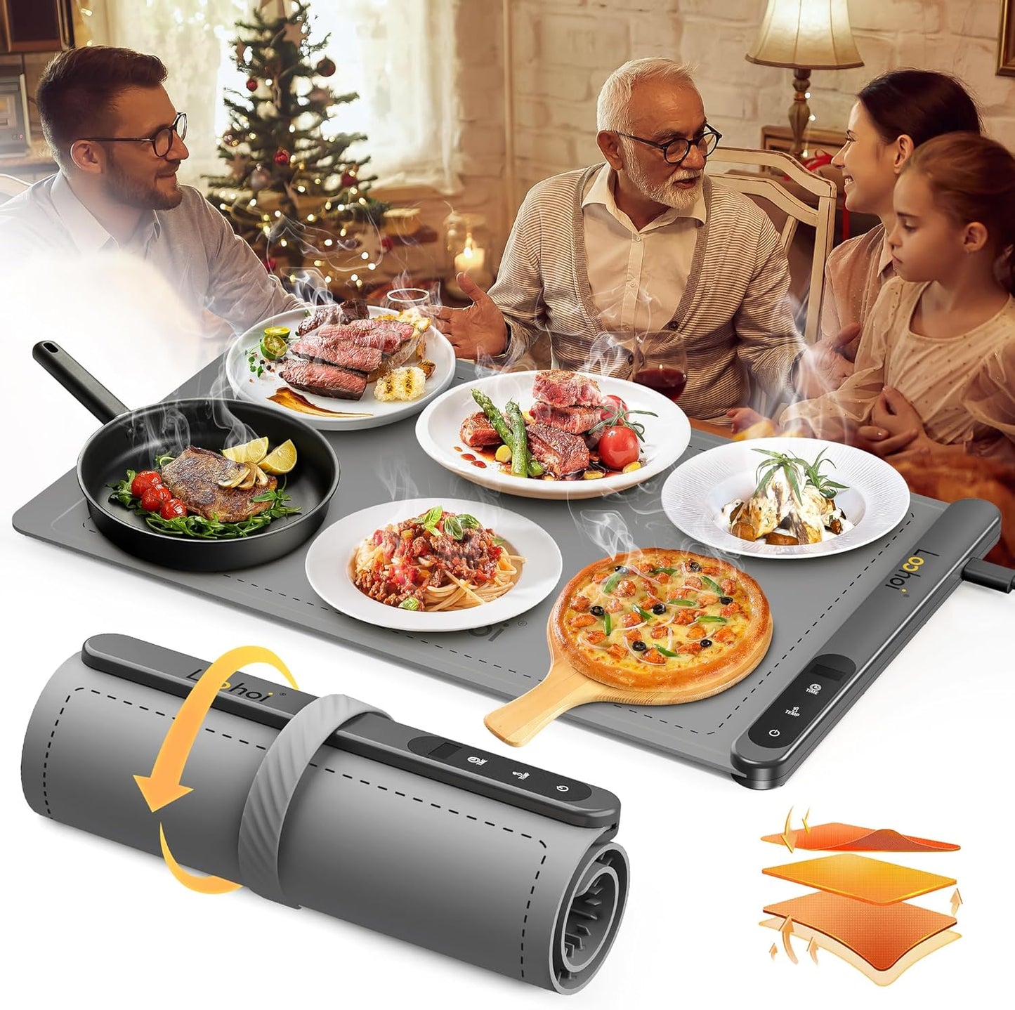 Food Warming Mat,Full Surface Heating Electric Warming Tray with 6 Temperature Settings & Fast Heating, Silicone Roll Up Food Heating Mat Food Warmers for Parties Gatherings Everyday Use