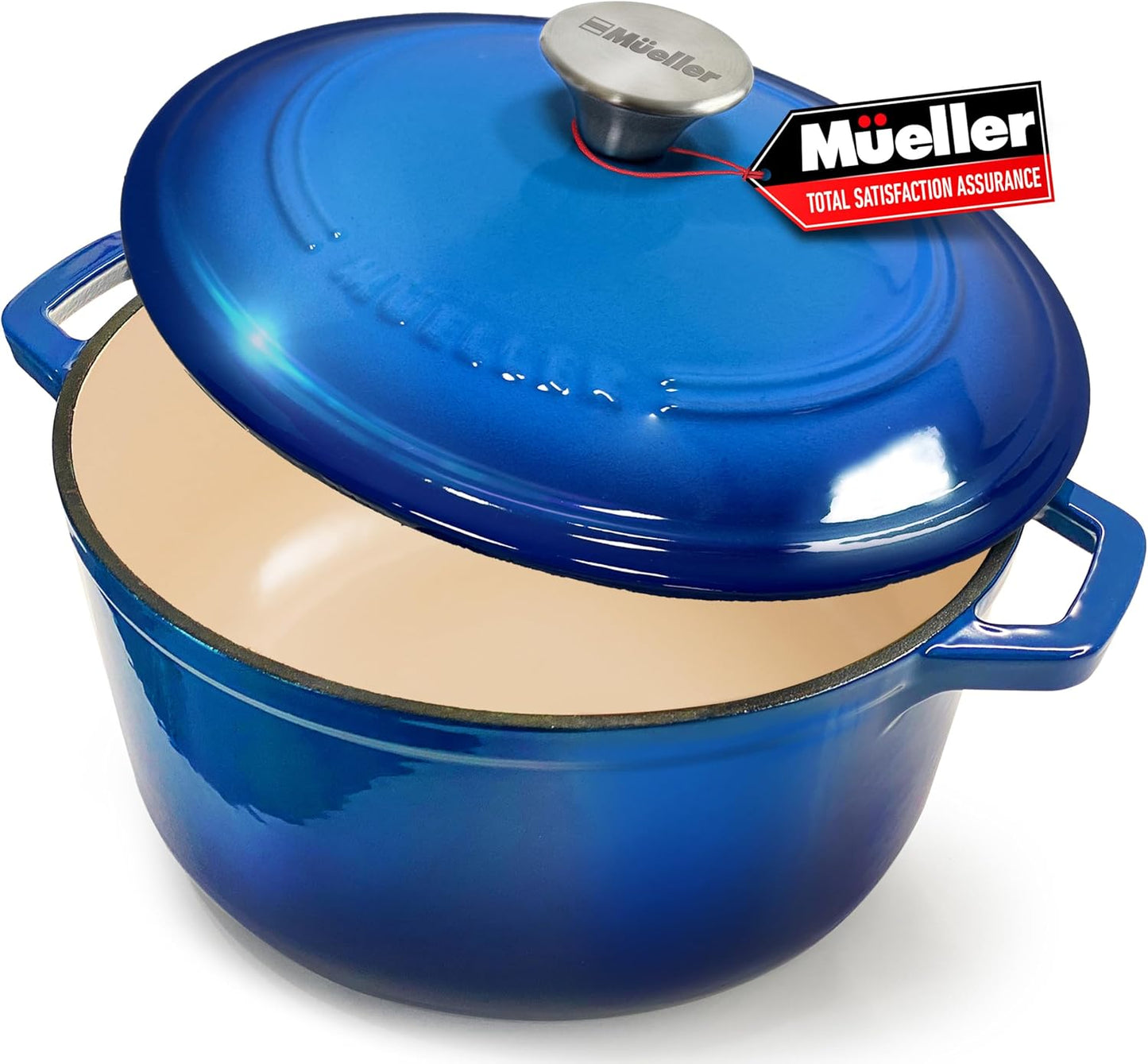 Mueller 6qt Enameled Cast Iron Dutch Oven, Heavy-Duty Casserole and Braiser Pan with Lid and Knob, Safe for All Cooktops, Aqua Blue