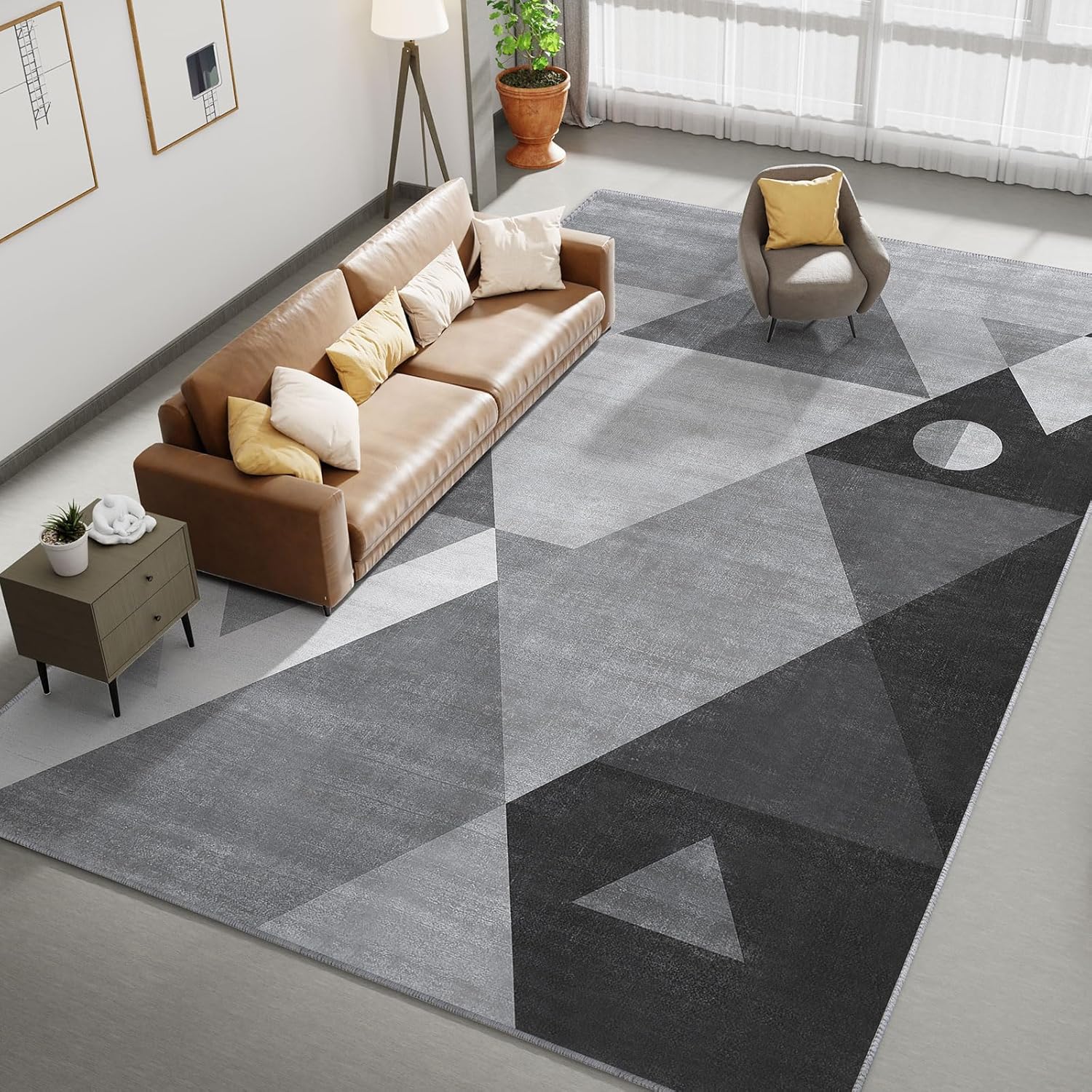 HOMFINE Washable Modern Area Rug - Geometric Style 5x7 Rugs for Living Room, Bedroom, Machine Washable Rug Soft Non Slip Non Shedding Area Rug - Grey, 5'x7'