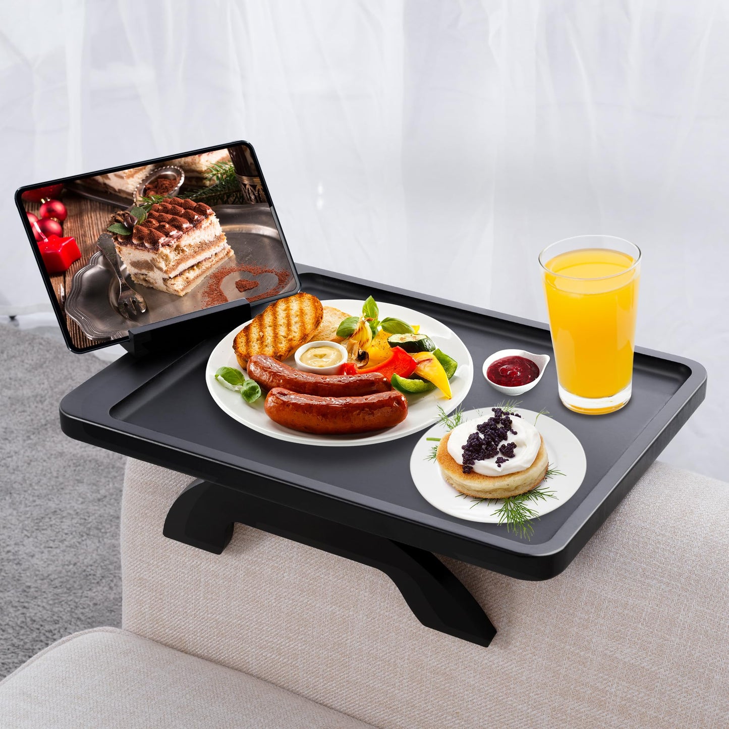 Couch Arm Tray,Bamboo Sofa Tray Table Clip on Side Table for Wide Couch,Foldable Couch Tray with 360° Phone Holder,Couch Arm Table for Eating/Drinks/Snacks/Remote/Control