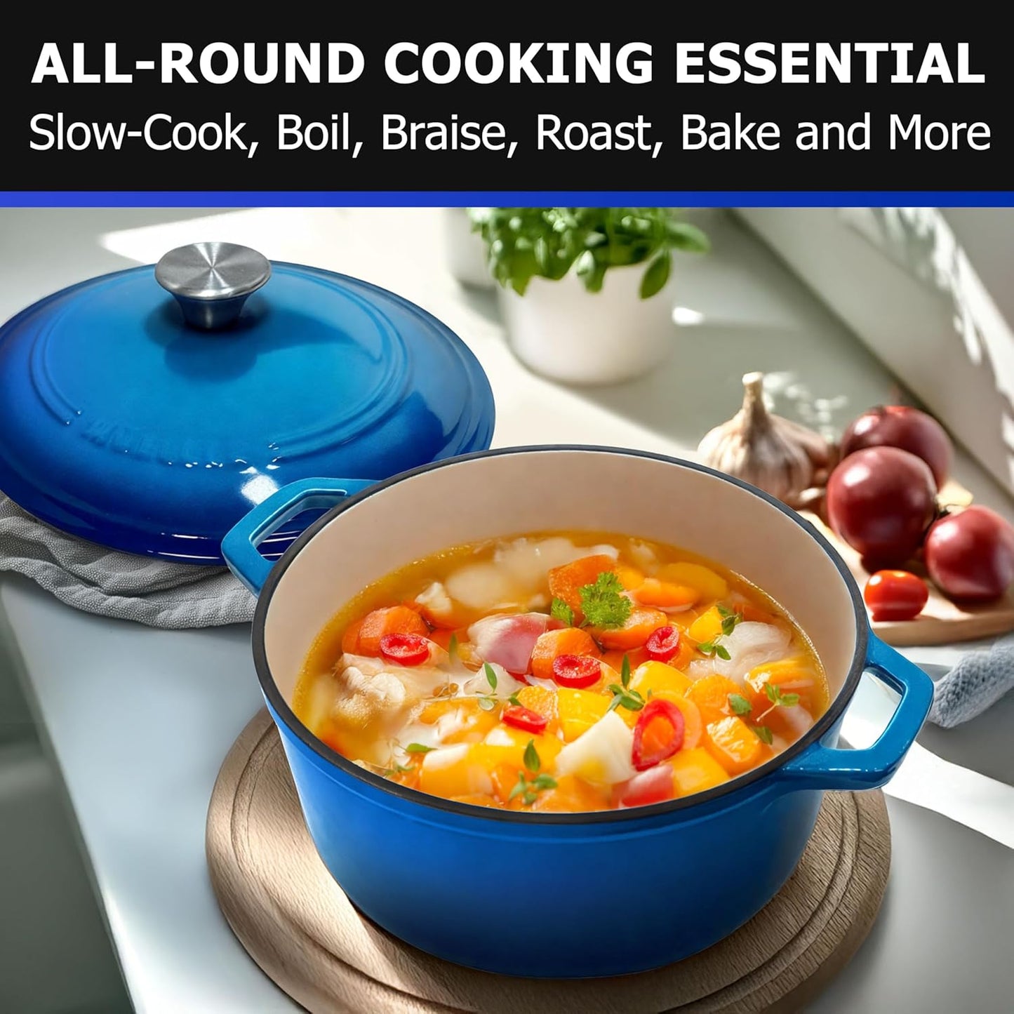 Mueller 6qt Enameled Cast Iron Dutch Oven, Heavy-Duty Casserole and Braiser Pan with Lid and Knob, Safe for All Cooktops, Aqua Blue