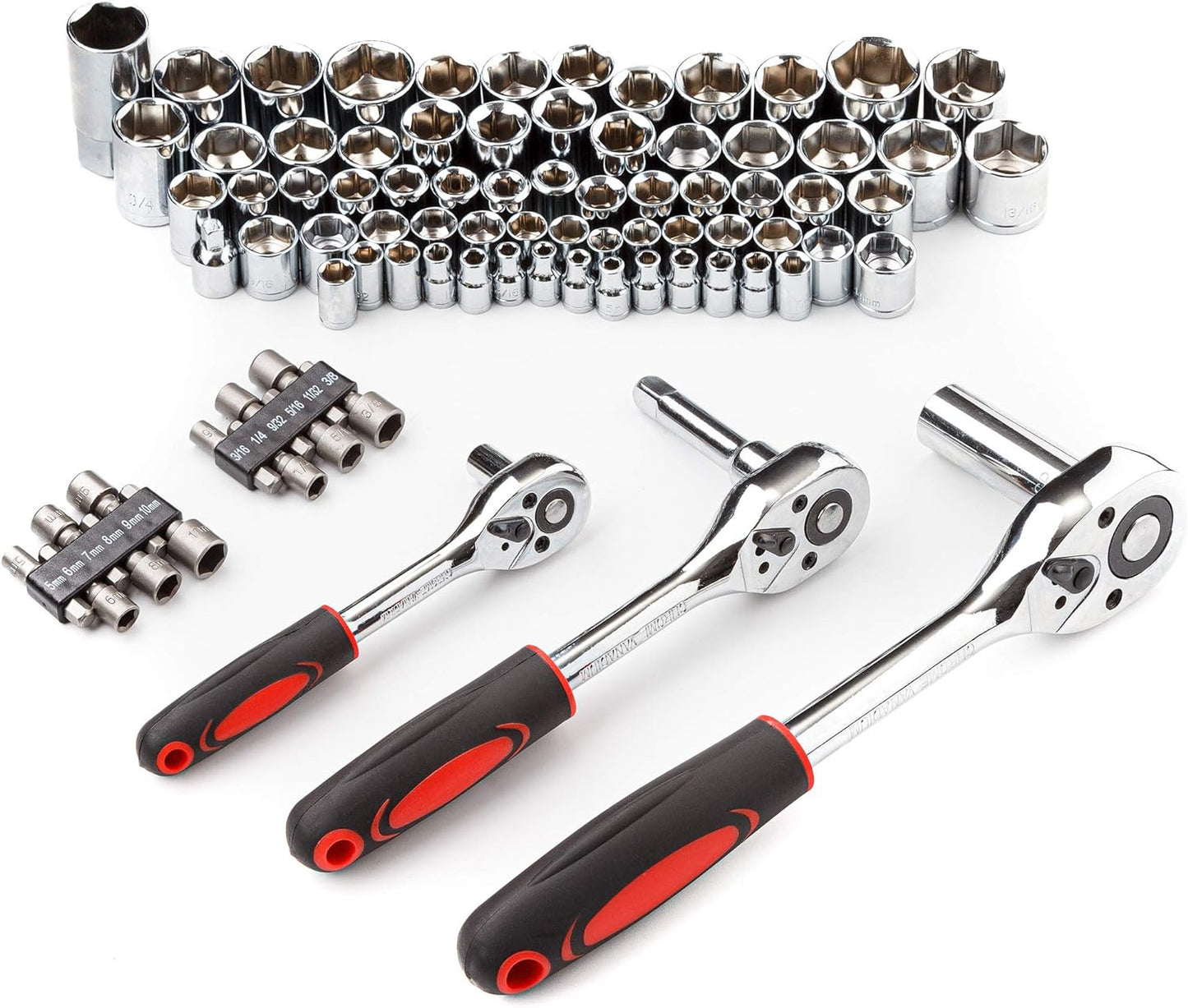 CARTMAN 205 Piece Ratchet Wrench Tool Set 1/4" & 3/8" & 1/2" Drive with SAE/Metric Sockets Kit in Plastic Toolbox