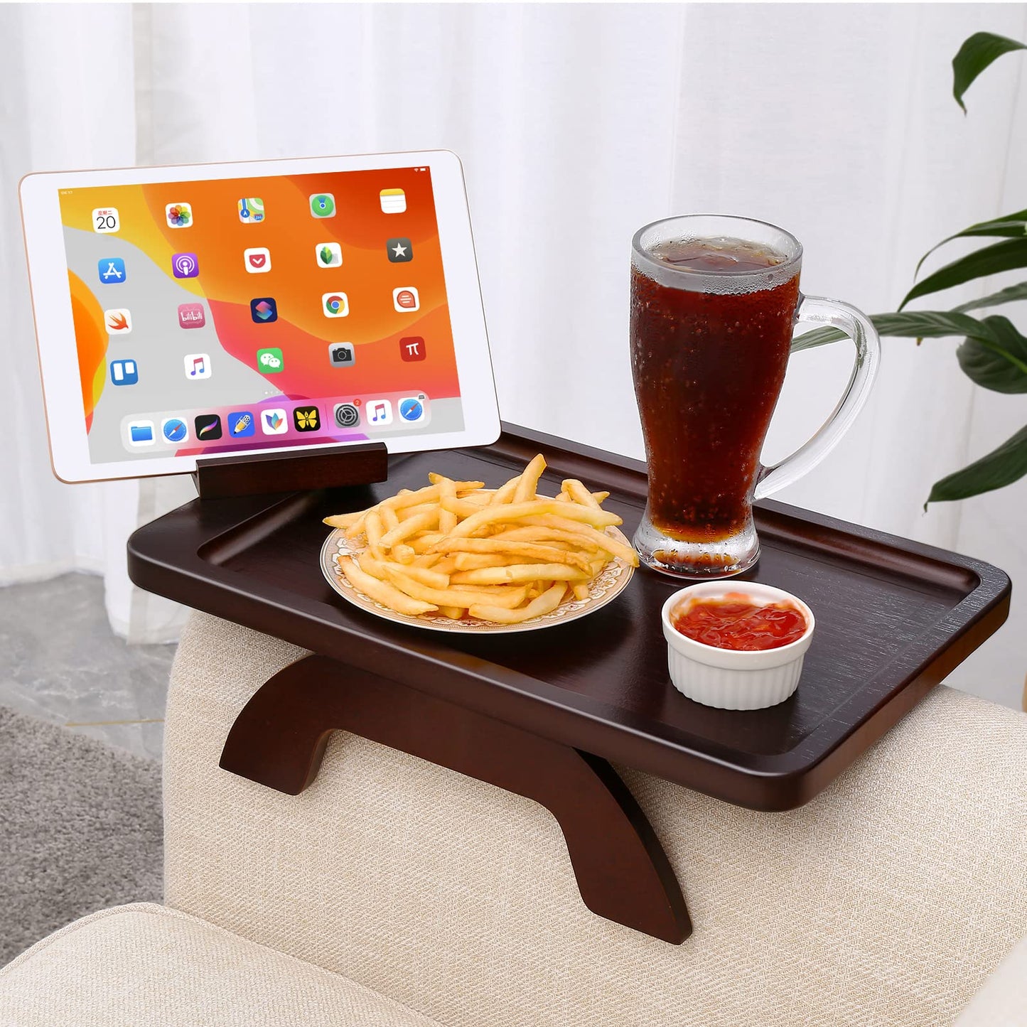 Couch Arm Tray,Bamboo Sofa Tray Table Clip on Side Table for Wide Couch,Foldable Couch Tray with 360° Phone Holder,Couch Arm Table for Eating/Drinks/Snacks/Remote/Control