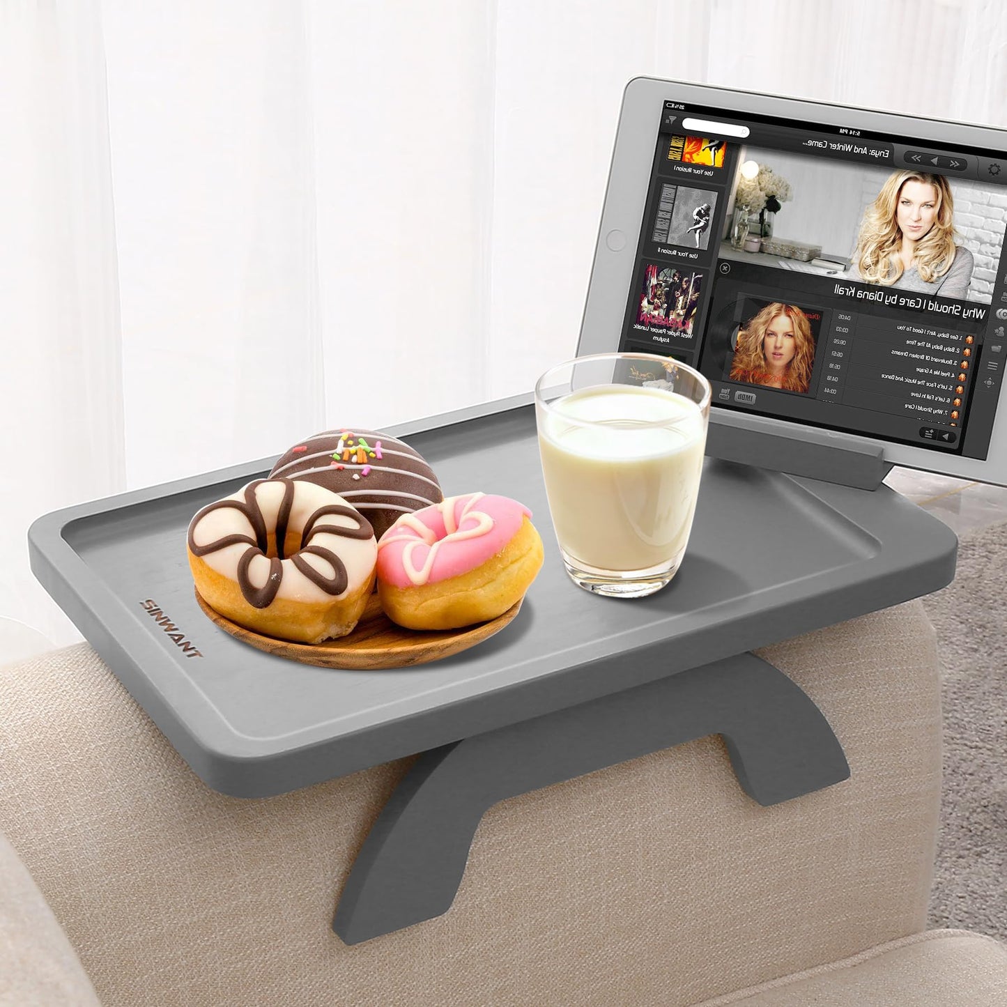 Couch Arm Tray,Bamboo Sofa Tray Table Clip on Side Table for Wide Couch,Foldable Couch Tray with 360° Phone Holder,Couch Arm Table for Eating/Drinks/Snacks/Remote/Control