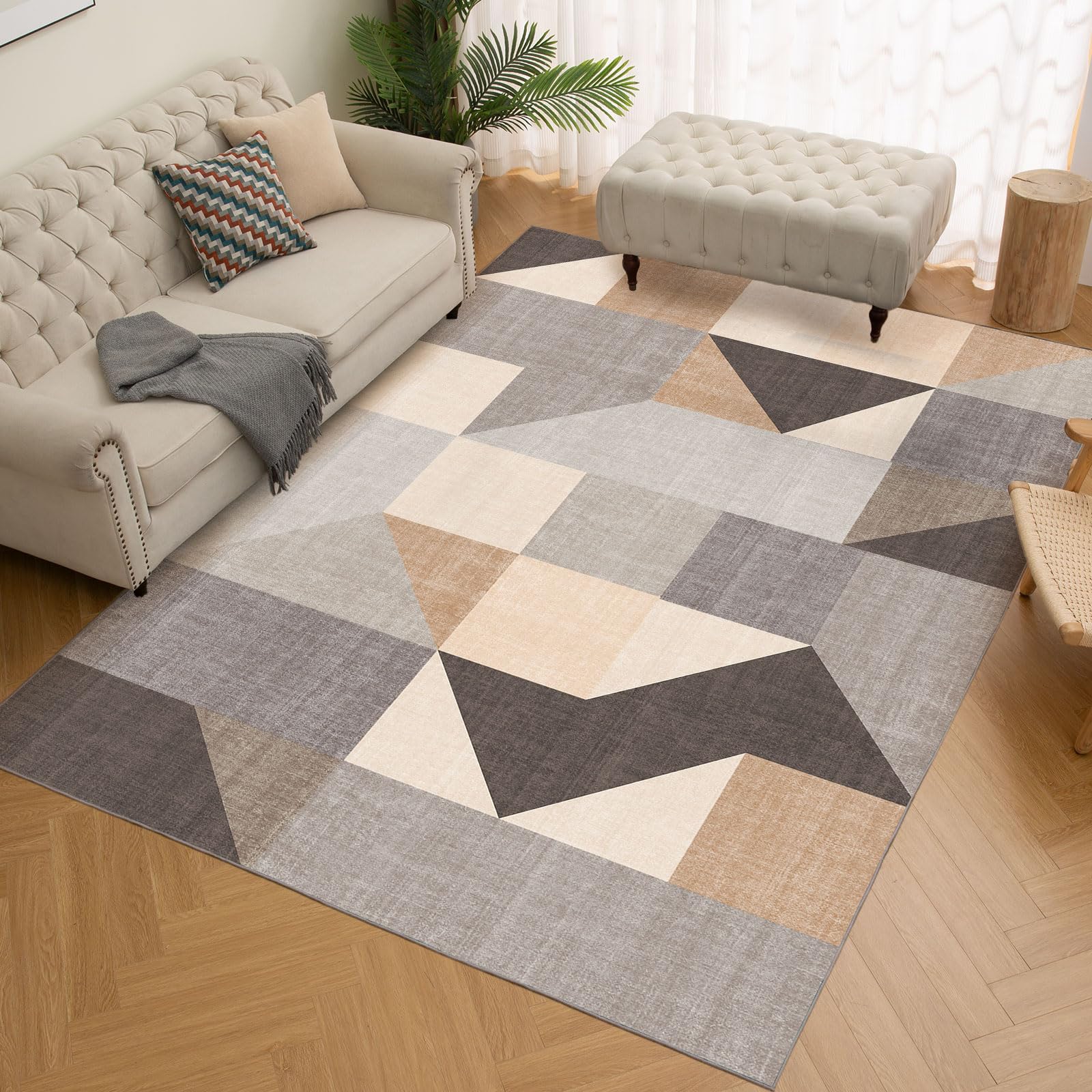 HOMFINE Washable Modern Area Rug - Geometric Style 5x7 Rugs for Living Room, Bedroom, Machine Washable Rug Soft Non Slip Non Shedding Area Rug - Grey, 5'x7'