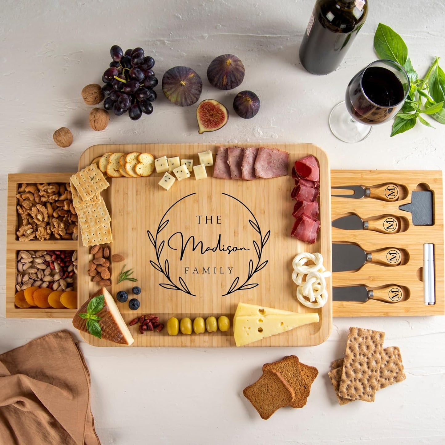 Personalized Bamboo Charcuterie Board Set with Accessories – Large Serving Tray with Knives & Smooth Surface for Cutting or Serving – Food-Safe Design – Ideal cheese board for Special Occasions