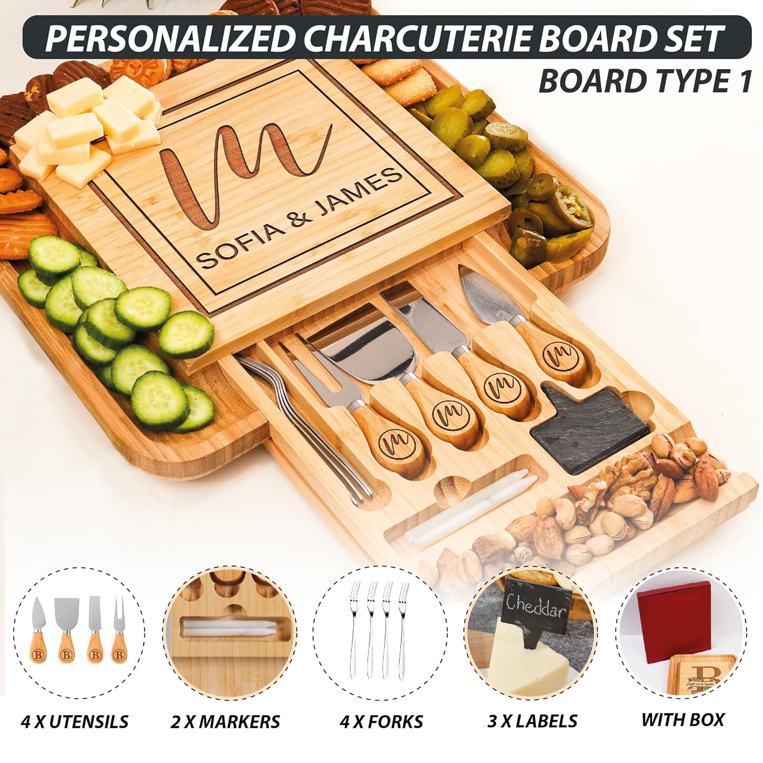 Personalized Charcuterie Board Gifts Set, Custom Large Cheese Board, Charcuterie Board for Wedding, Anniversary, Birthday, Housewarming, Engagement, Party, New Home Gift Couple, Fathers Day, Christmas