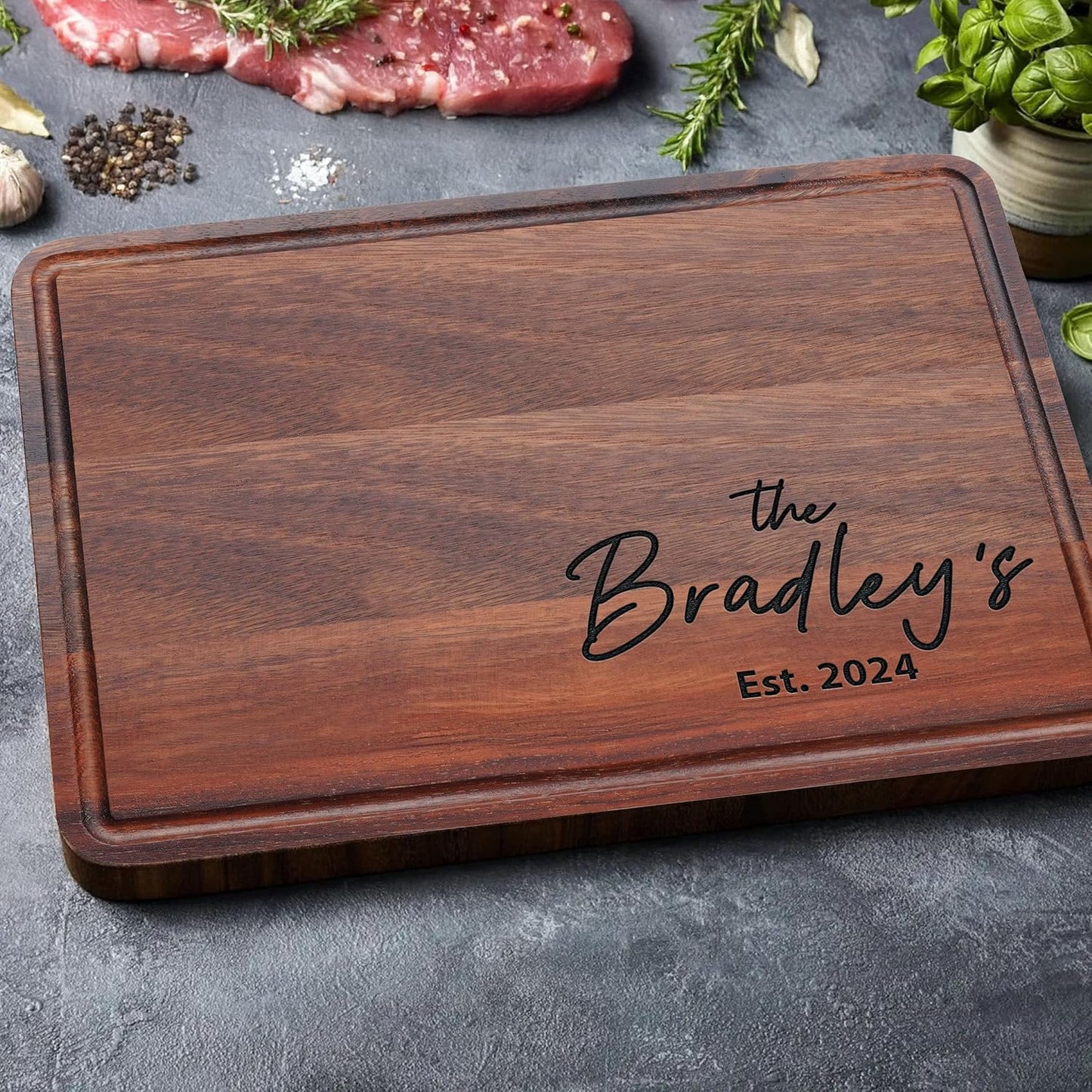 Personalized Engraved Wood Cutting Board for Couples, Walnut Edge Engraved Custom Wedding Gifts, Best Gift Ideas for Christmas, Parents, Anniversary, Housewarming, House Closing, Engagement, Friends