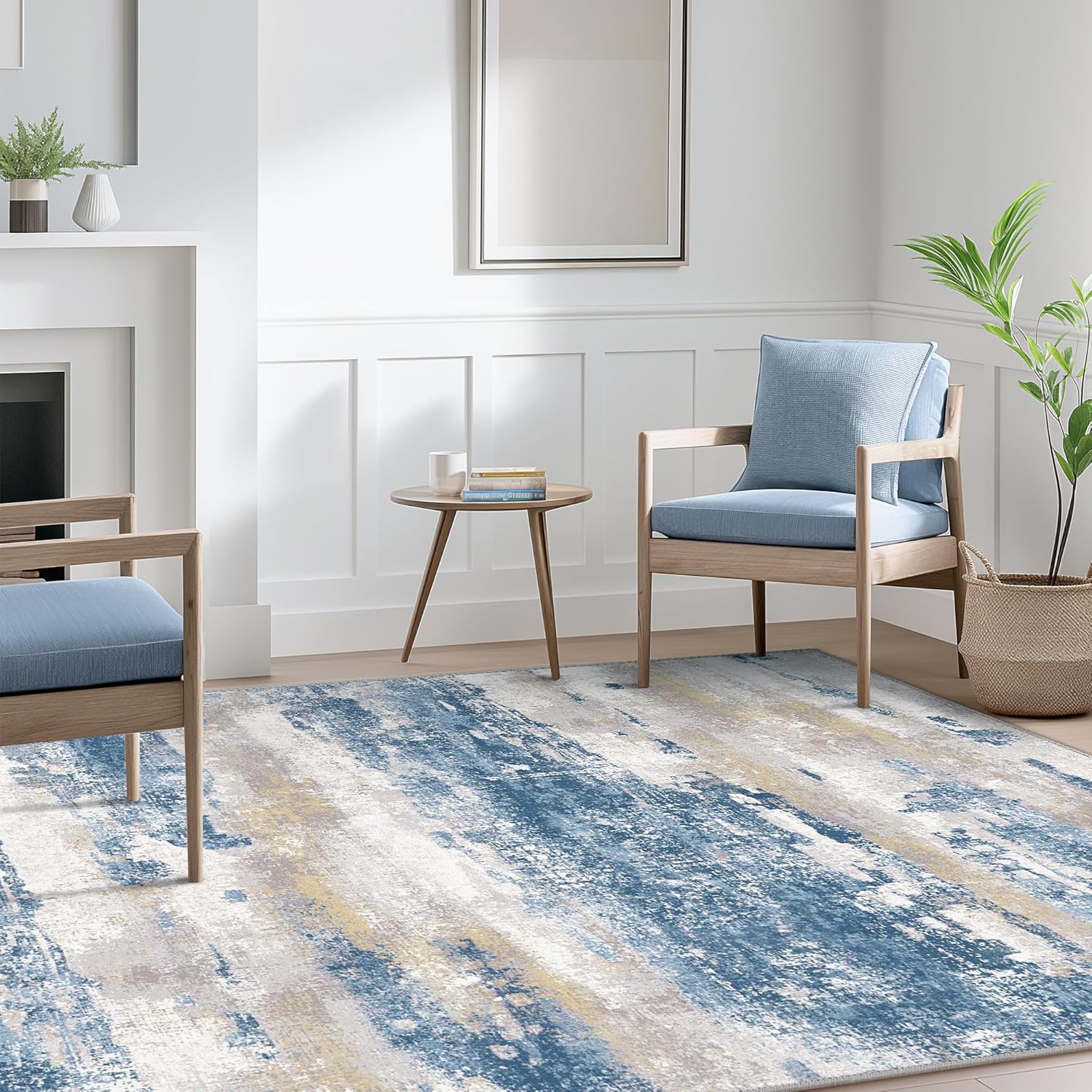 Area Rugs 8x10 for Living Room Bedroom, Modern Abstract Machine Washable Soft Blue Cream Rug, Floor Carpet with Non Slip Backing for Dining Room