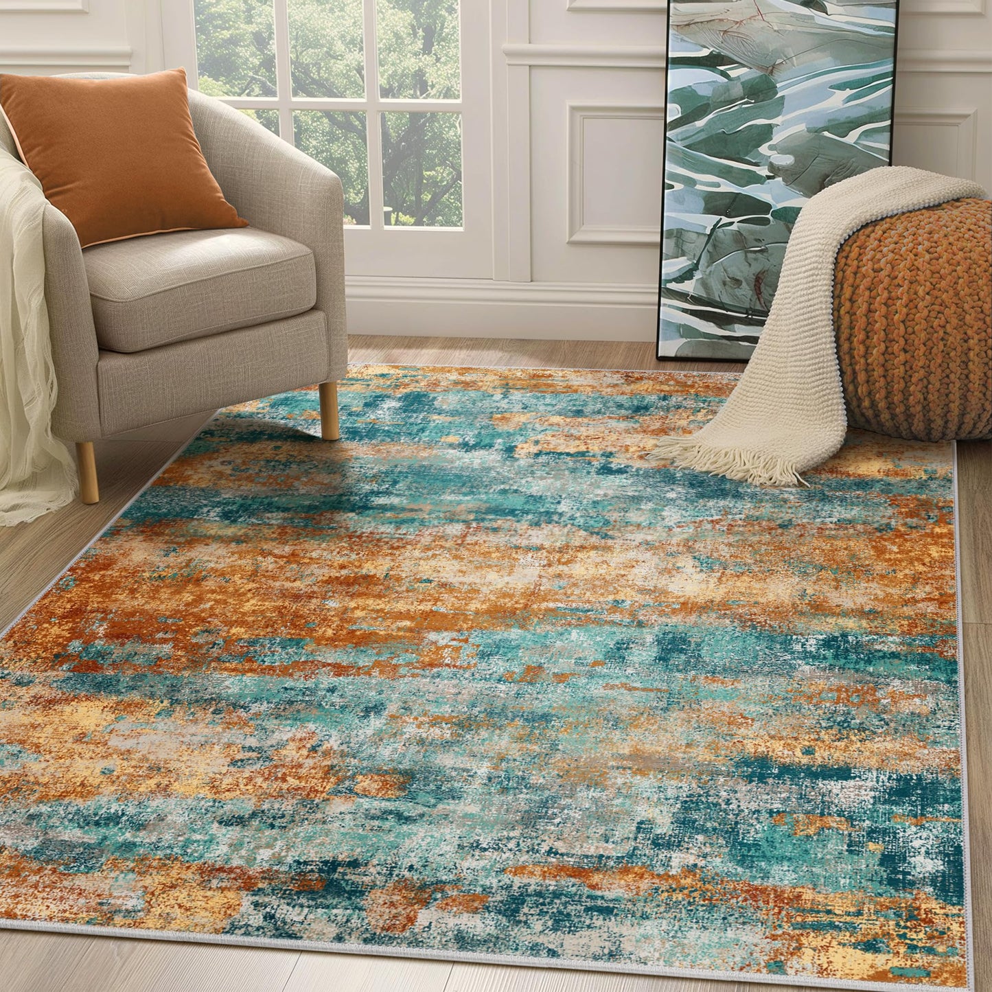 Area Rugs 8x10 for Living Room Bedroom, Modern Abstract Machine Washable Soft Blue Cream Rug, Floor Carpet with Non Slip Backing for Dining Room