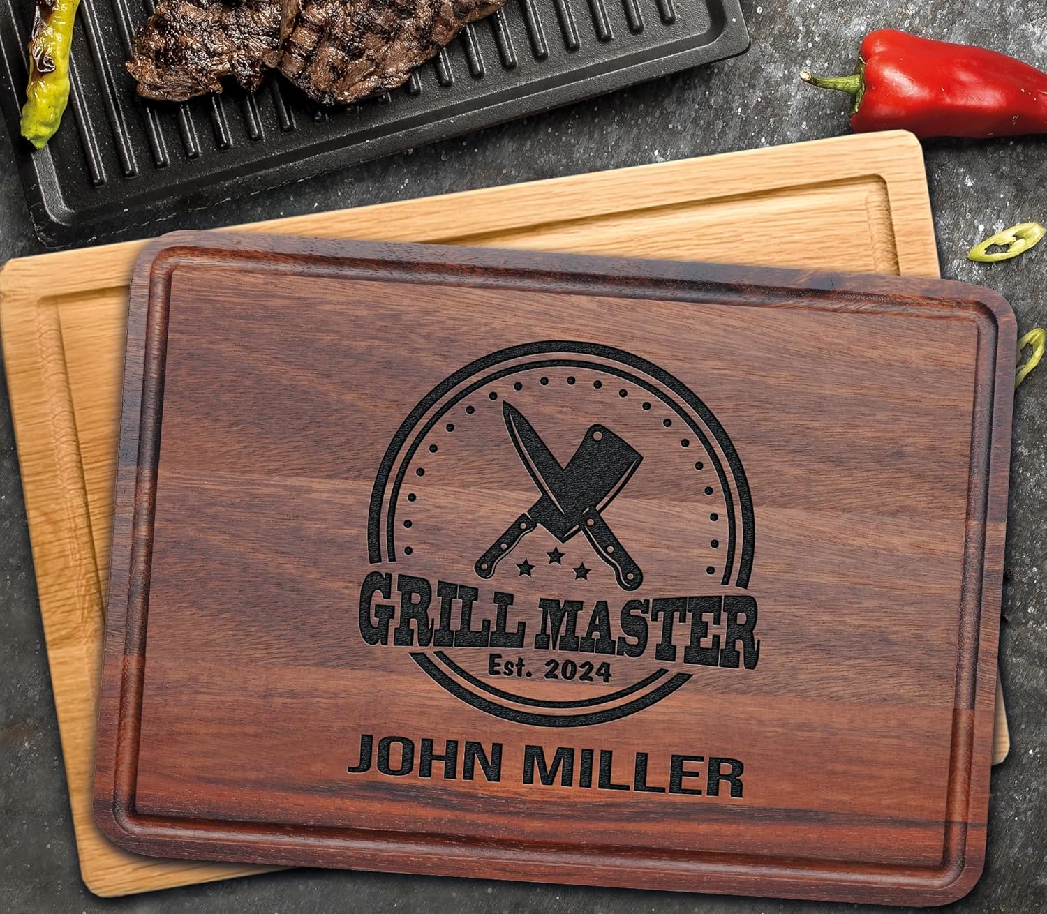 Personalized Barbeque and Grilling Gift for Fathers Day, Birthday, Anniversary, Christmas, Men, Husband, Dad, Grandpa, Him, Custom Wood Grill Cutting Board for Men, BBQ Masters, Chefs, Customized Wood