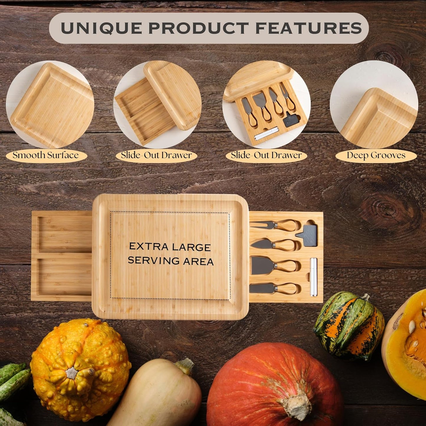 Personalized Bamboo Charcuterie Board Set with Accessories – Large Serving Tray with Knives & Smooth Surface for Cutting or Serving – Food-Safe Design – Ideal cheese board for Special Occasions