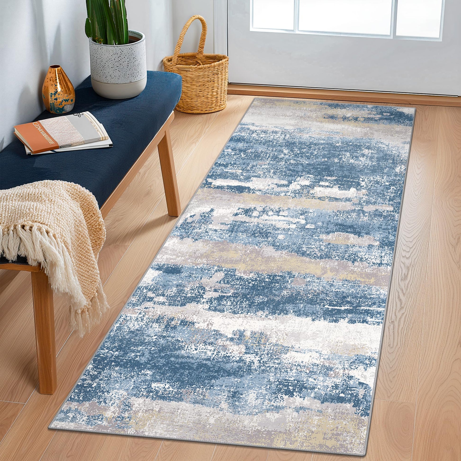 Area Rugs 8x10 for Living Room Bedroom, Modern Abstract Machine Washable Soft Blue Cream Rug, Floor Carpet with Non Slip Backing for Dining Room