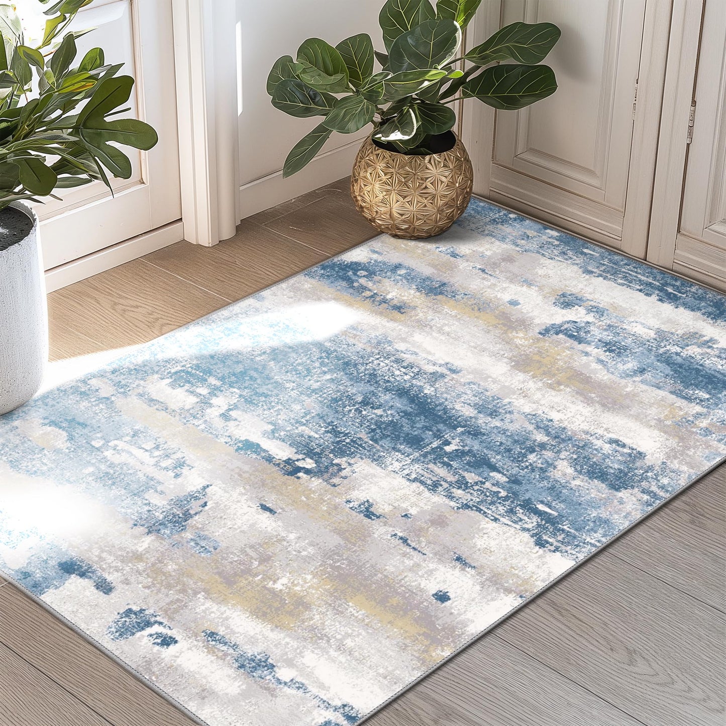 Area Rugs 8x10 for Living Room Bedroom, Modern Abstract Machine Washable Soft Blue Cream Rug, Floor Carpet with Non Slip Backing for Dining Room