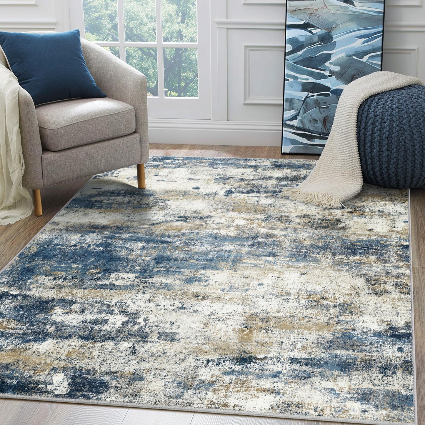 Area Rugs 8x10 for Living Room Bedroom, Modern Abstract Machine Washable Soft Blue Cream Rug, Floor Carpet with Non Slip Backing for Dining Room