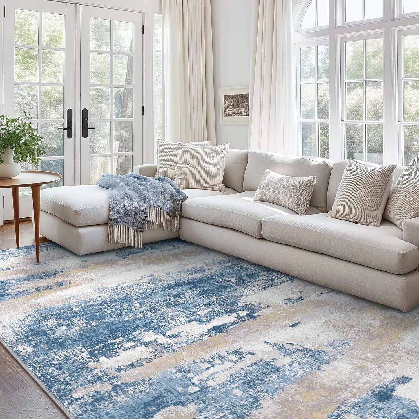 Area Rugs 8x10 for Living Room Bedroom, Modern Abstract Machine Washable Soft Blue Cream Rug, Floor Carpet with Non Slip Backing for Dining Room