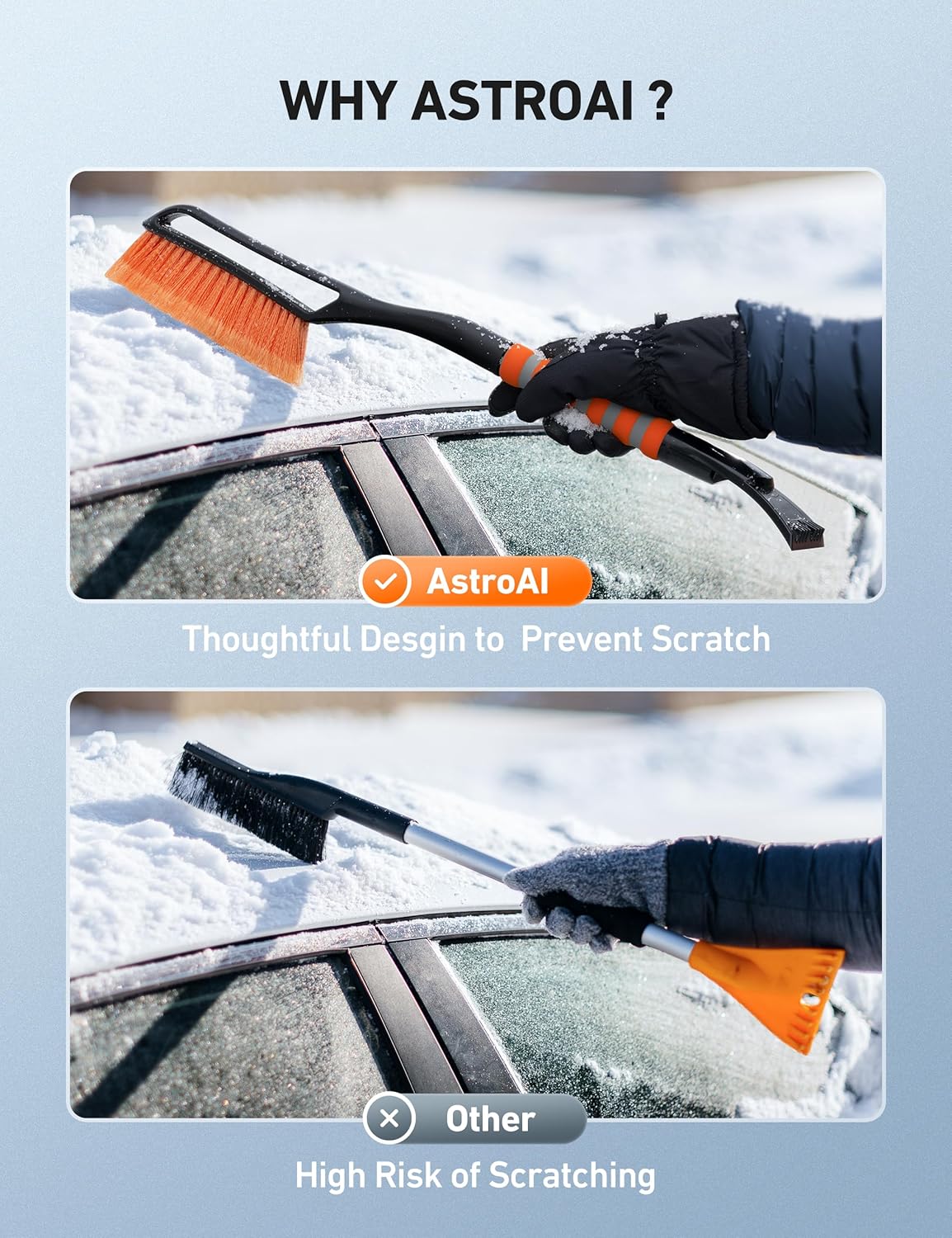 AstroAI 27 Inch Snow Brush and Detachable Ice Scraper Orange+AstroAI 39" Folding Snow Shovel for Car