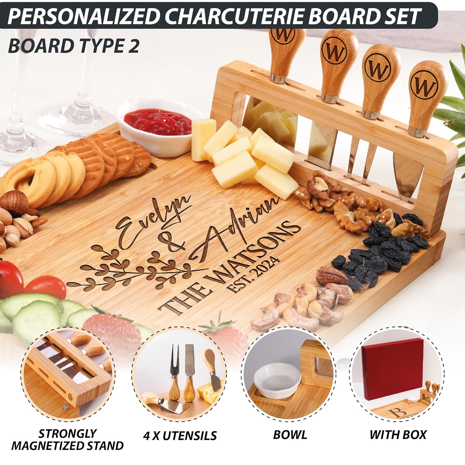 Personalized Charcuterie Board Gifts Set, Custom Large Cheese Board, Charcuterie Board for Wedding, Anniversary, Birthday, Housewarming, Engagement, Party, New Home Gift Couple, Fathers Day, Christmas