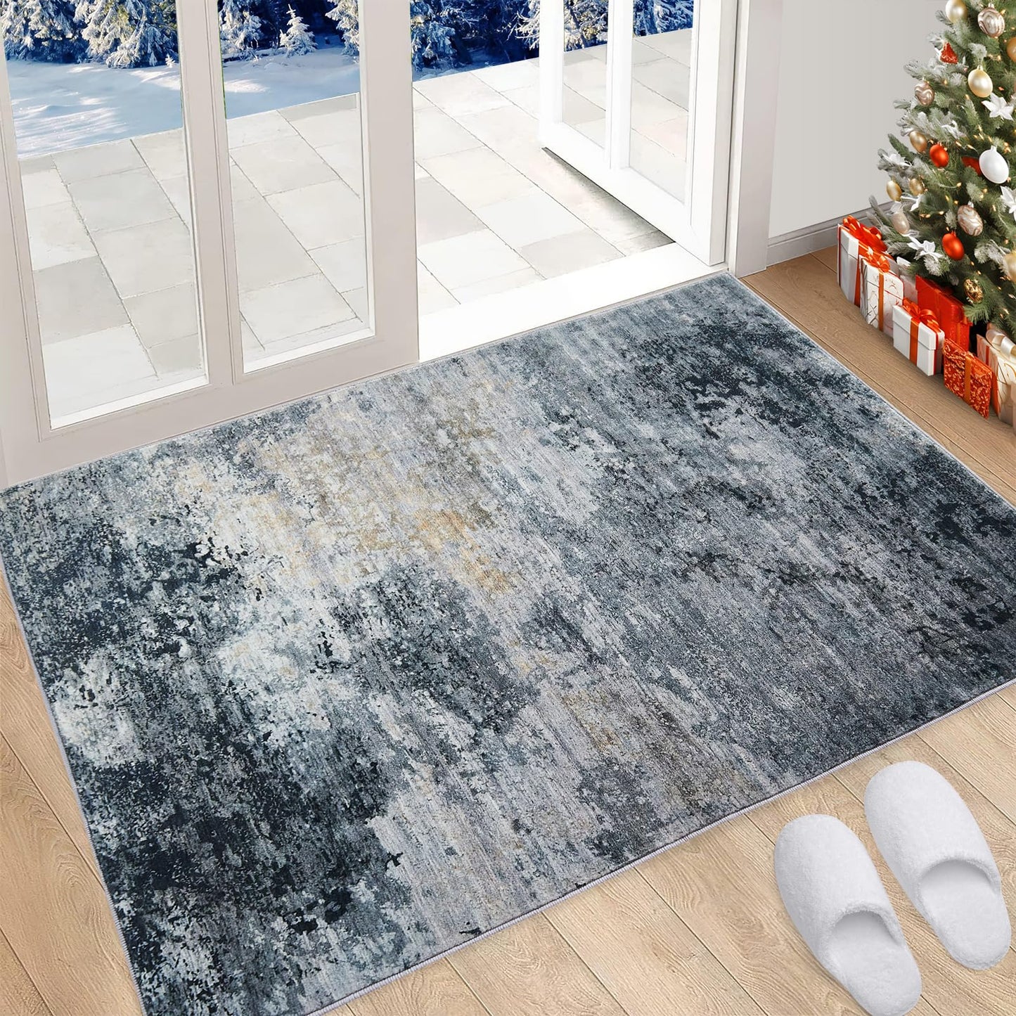 Skyweaver 5x7 Area Rugs Washable Rug Soft Abstract Pattern Non-Slip Rug for Living Room, Bedroom Rug Stain Resistant Low Pile Carpet Machine Washable Black