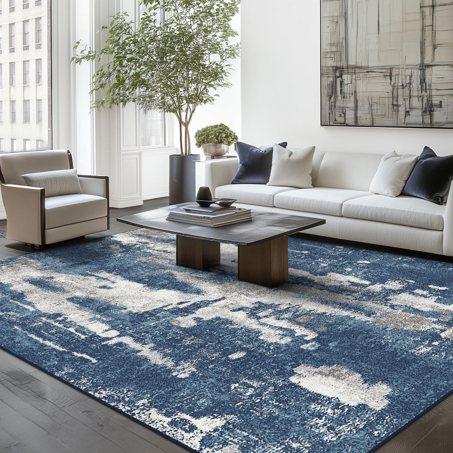 Area Rugs 8x10 for Living Room Bedroom, Modern Abstract Machine Washable Soft Blue Cream Rug, Floor Carpet with Non Slip Backing for Dining Room