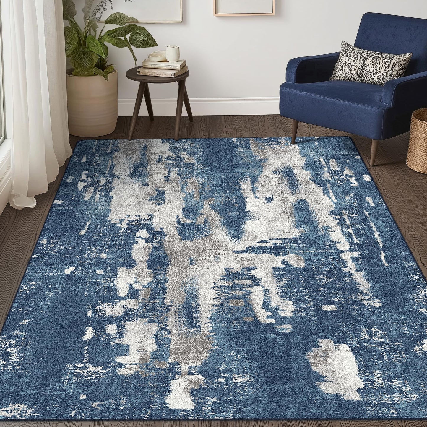 Area Rugs 8x10 for Living Room Bedroom, Modern Abstract Machine Washable Soft Blue Cream Rug, Floor Carpet with Non Slip Backing for Dining Room